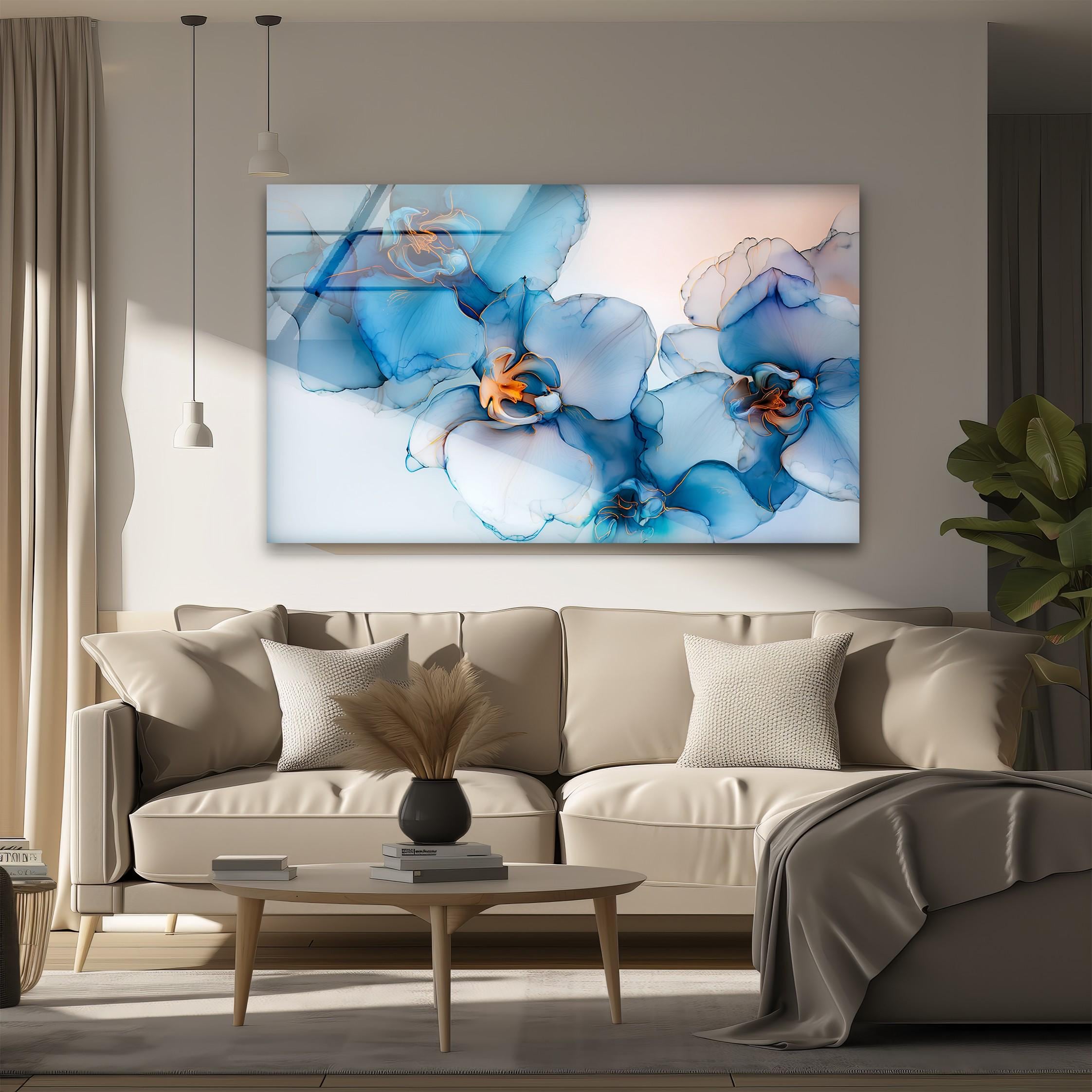 Art mural en verre fleur d'orchidée bleue, décoration florale élégante en verr