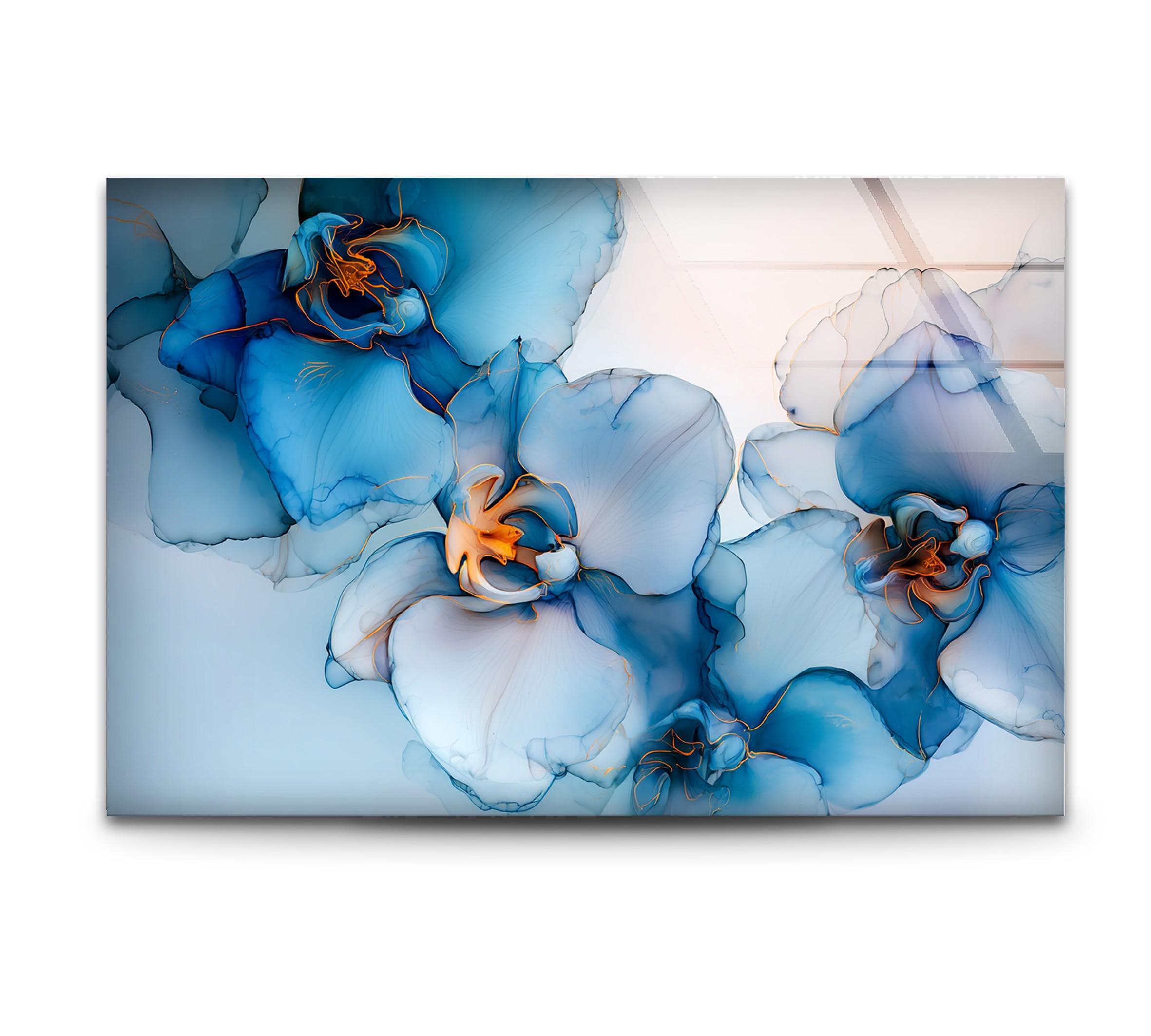 Art mural en verre fleur d'orchidée bleue, décoration florale élégante en verr
