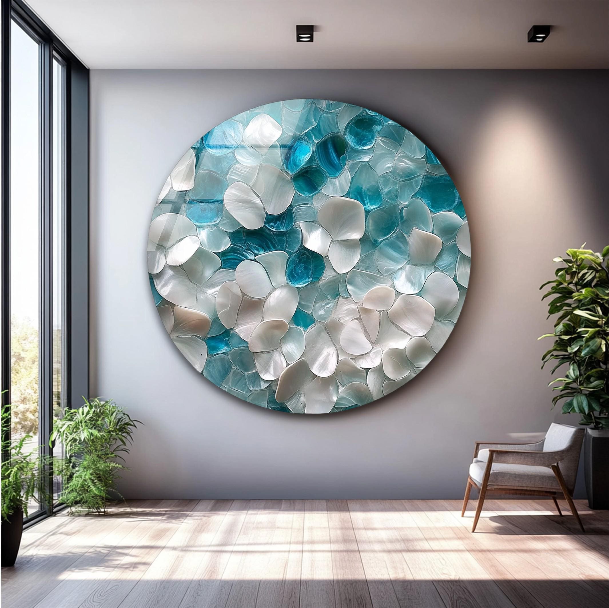 Œuvre murale en verre motif floral côtier, inspiration paysage marin, décoration murale botanique douce