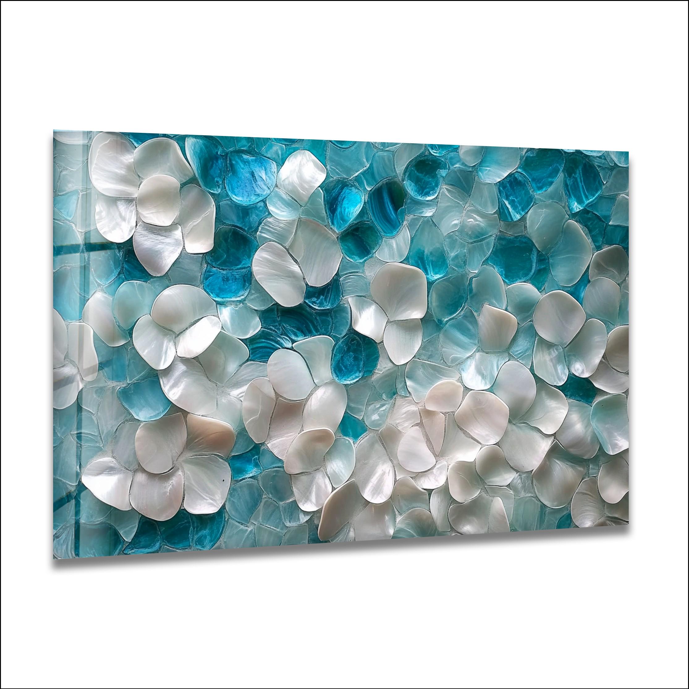 Œuvre murale en verre motif floral côtier, inspiration paysage marin, décoration murale botanique douce
