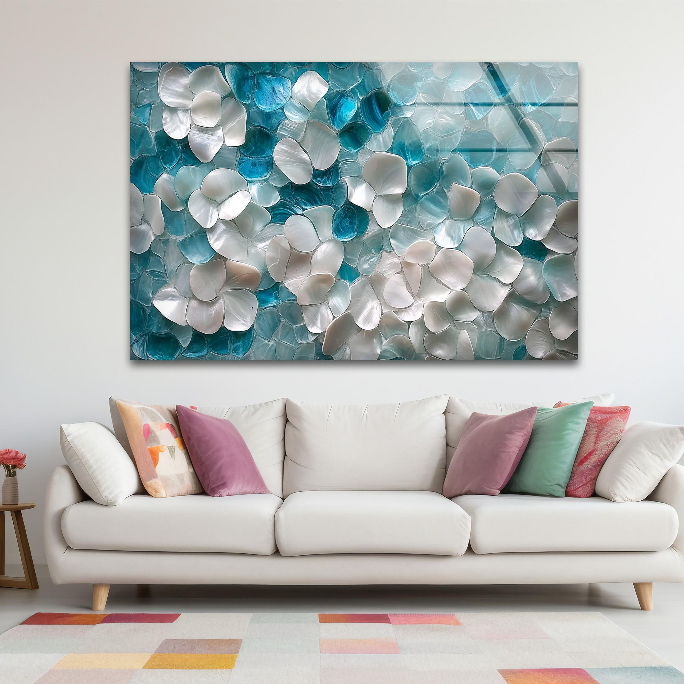 Œuvre murale en verre motif floral côtier, inspiration paysage marin, décoration murale botanique douce