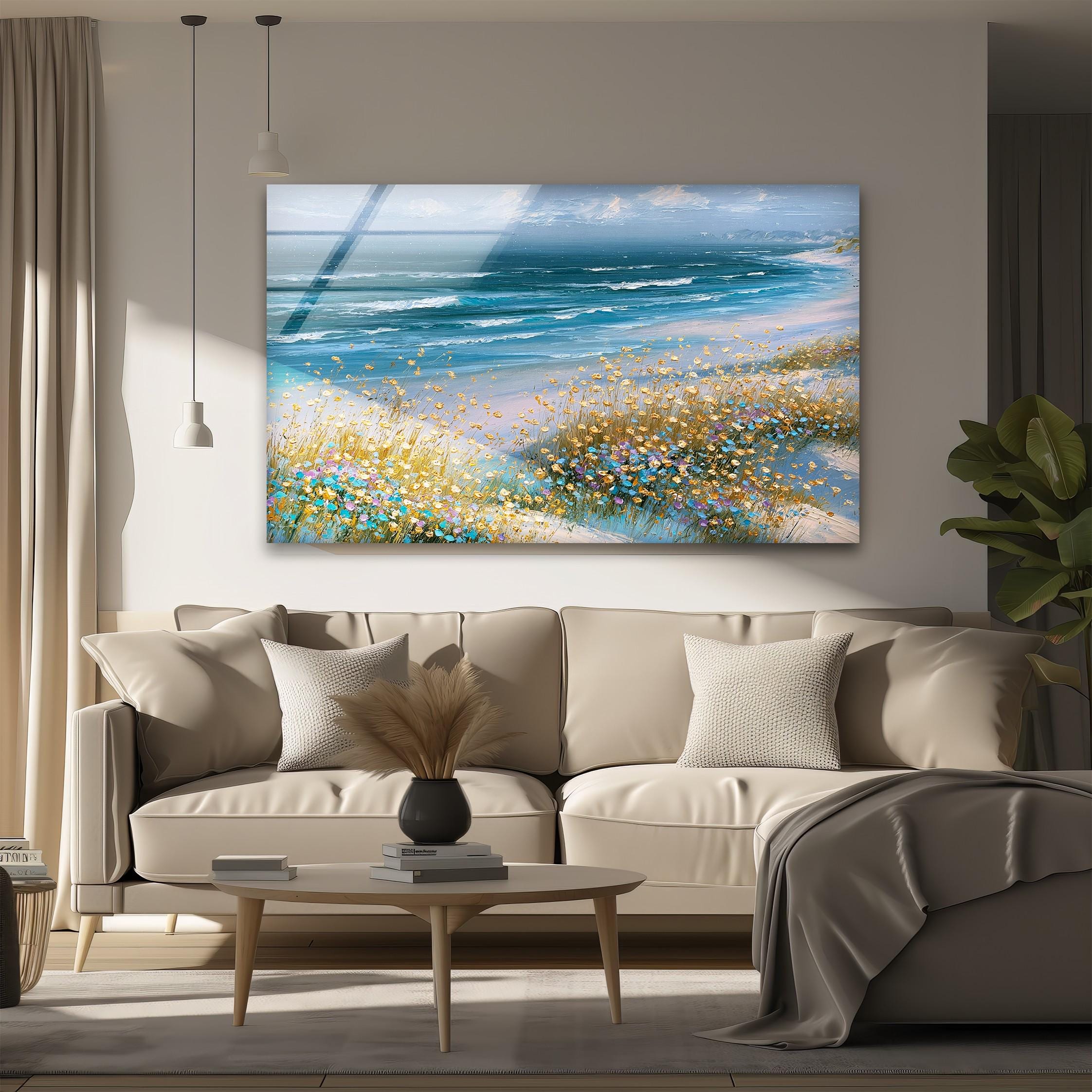 Art mural en verre de rivage de fleurs sauvages côtières, décoration florale en verre de l'océan