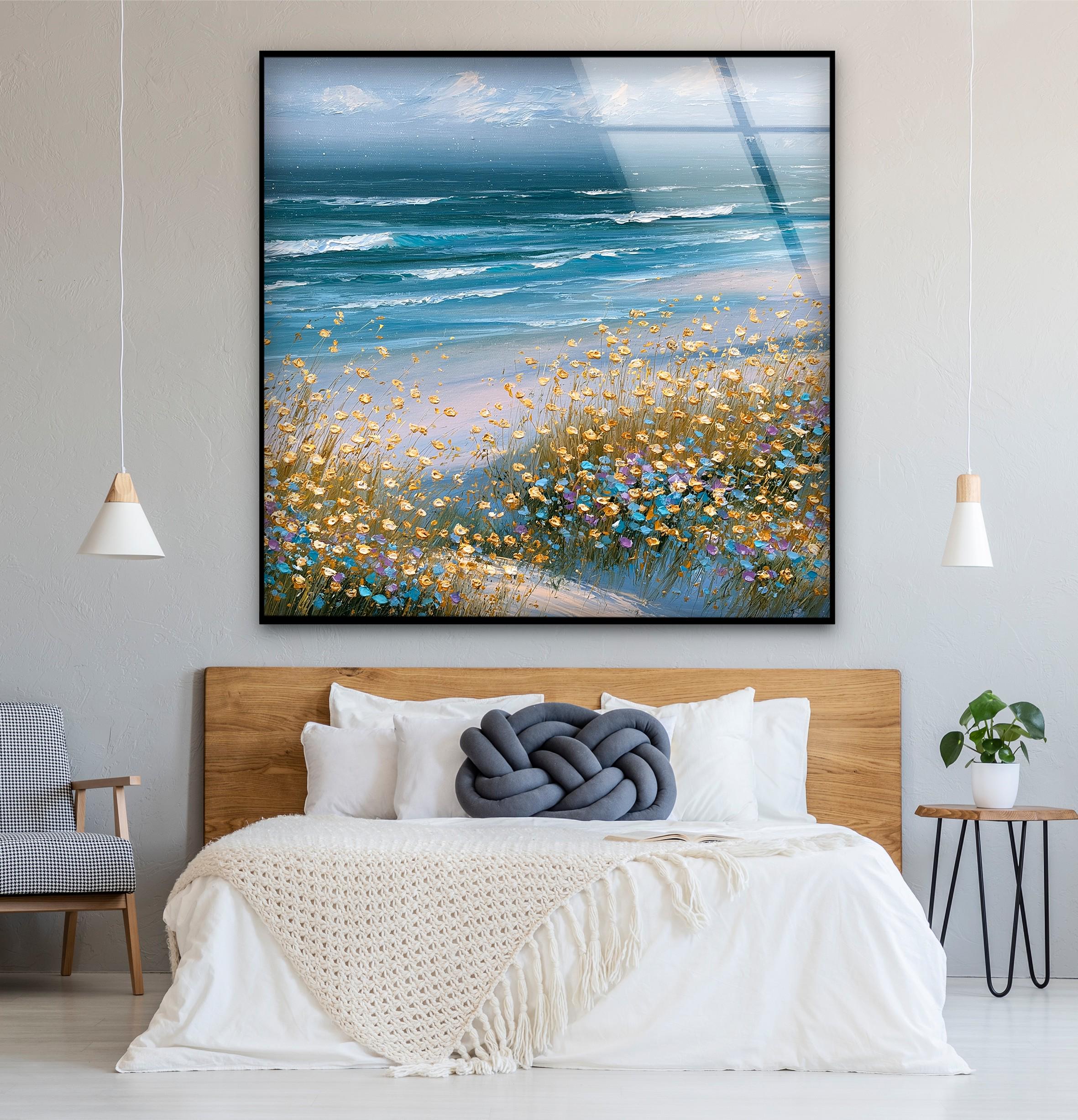 Art mural en verre de rivage de fleurs sauvages côtières, décoration florale en verre de l'océan