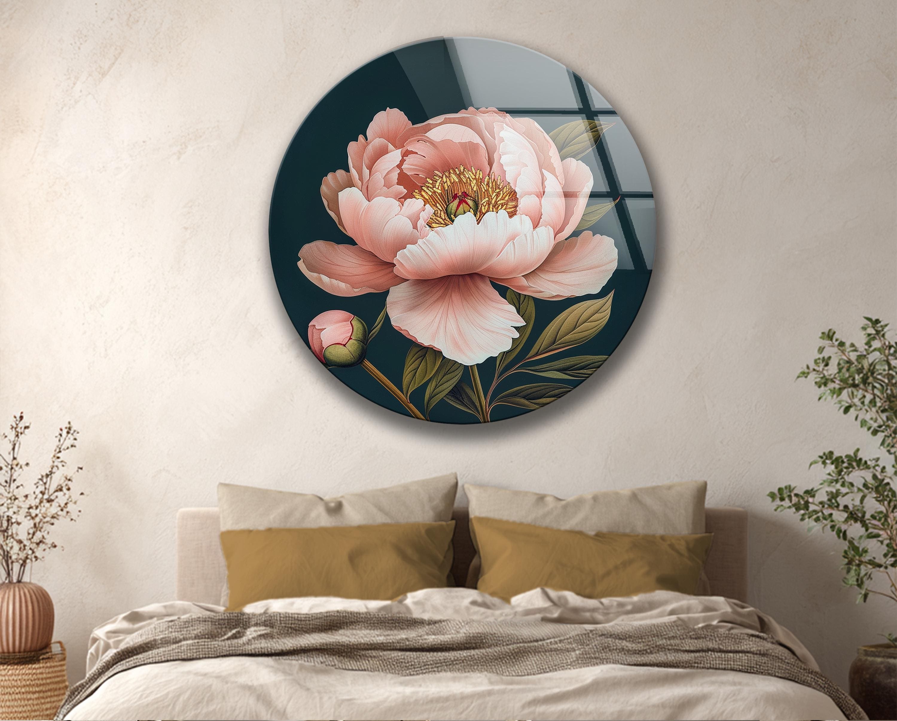 Décoration murale en verre trempé avec pivoine rose et accents bleu marine pour intérieur botanique