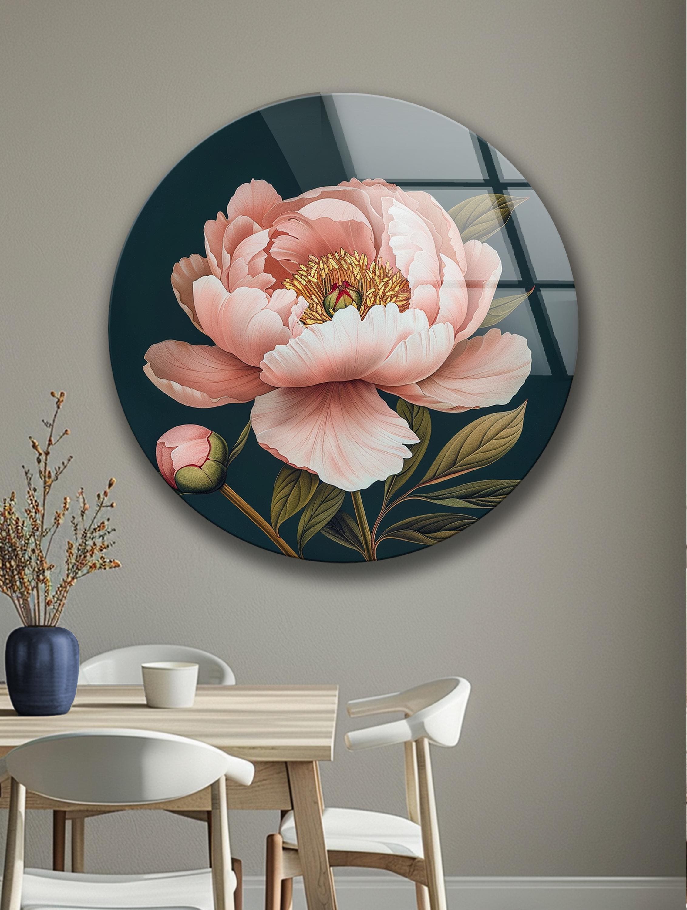 Décoration murale en verre trempé avec pivoine rose et accents bleu marine pour intérieur botanique