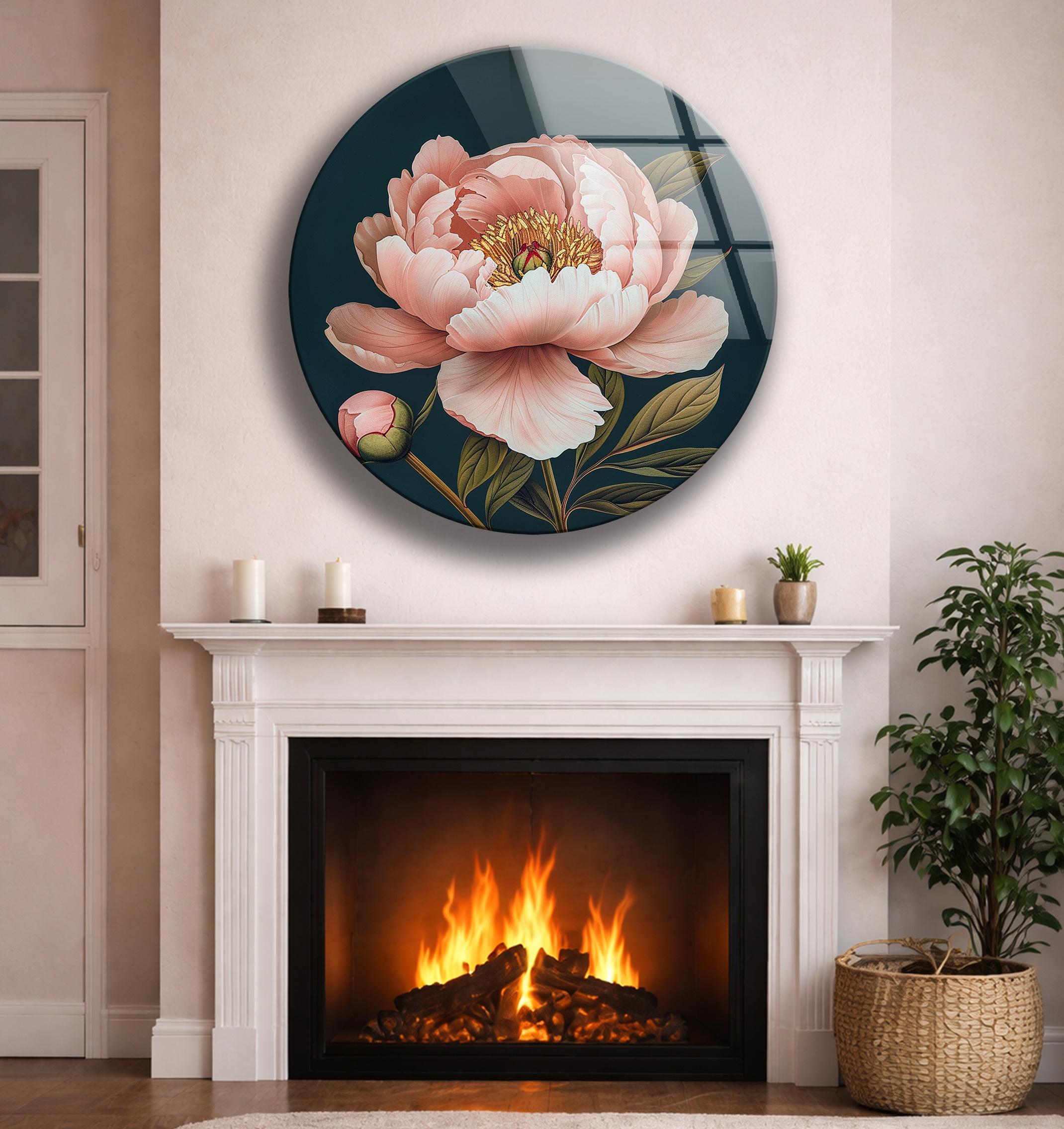 Décoration murale en verre trempé avec pivoine rose et accents bleu marine pour intérieur botanique