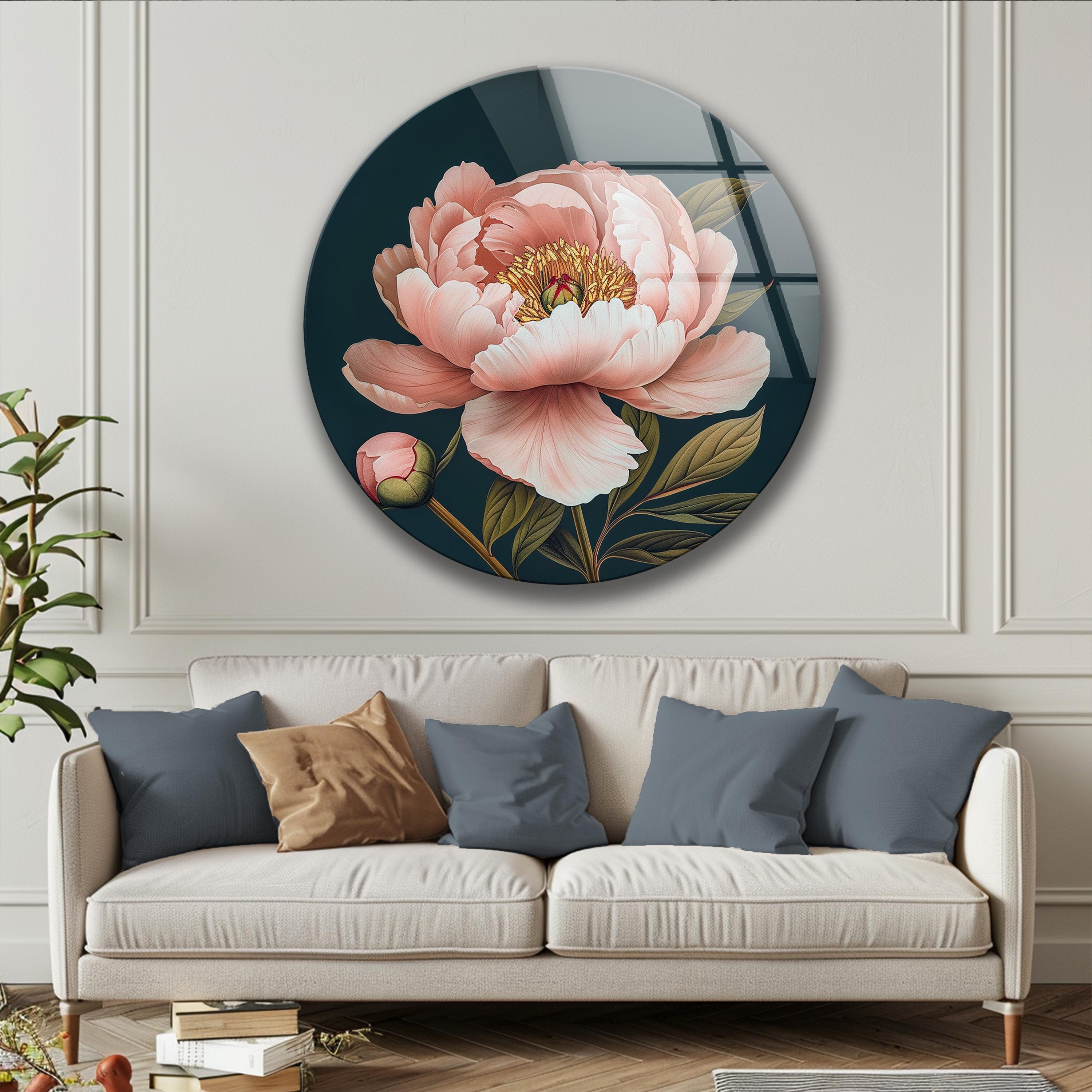 Décoration murale en verre trempé avec pivoine rose et accents bleu marine pour intérieur botanique