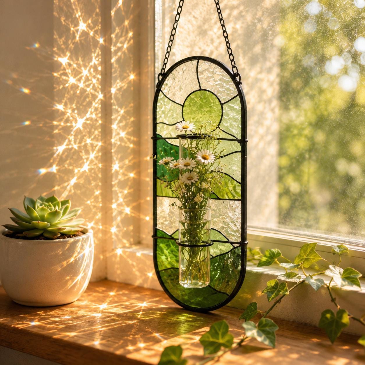 Attrape-soleil suspendu en verre teinté personnalisé, vase de fleur de naissance, décoration de propagation de fleur de fenêtre, cadeau de grand-mère, cadeau d'anniversaire