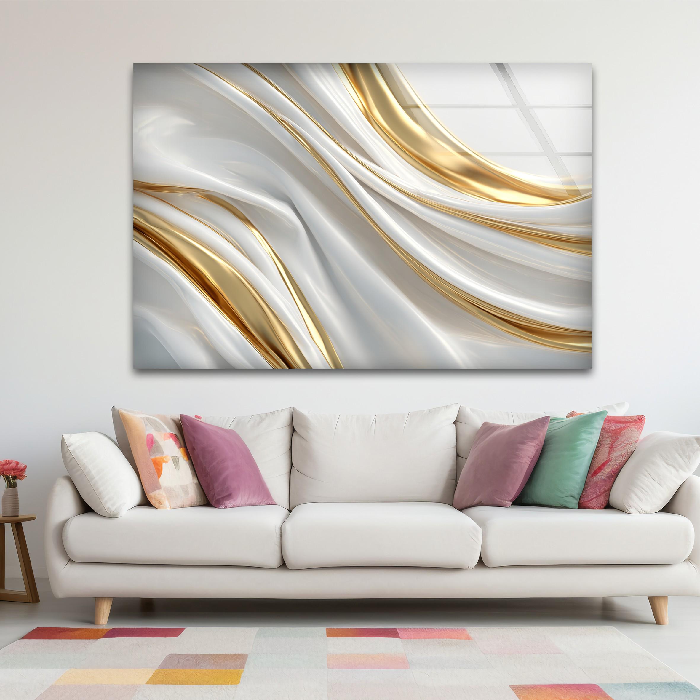 Art mural en verre design blanc et doré, motifs fluides modernes