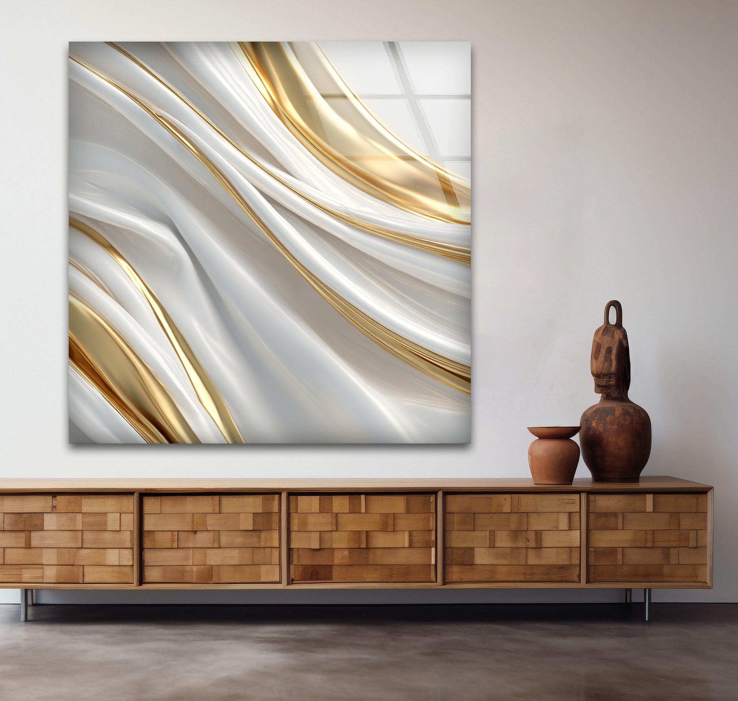 Art mural en verre design blanc et doré, motifs fluides modernes