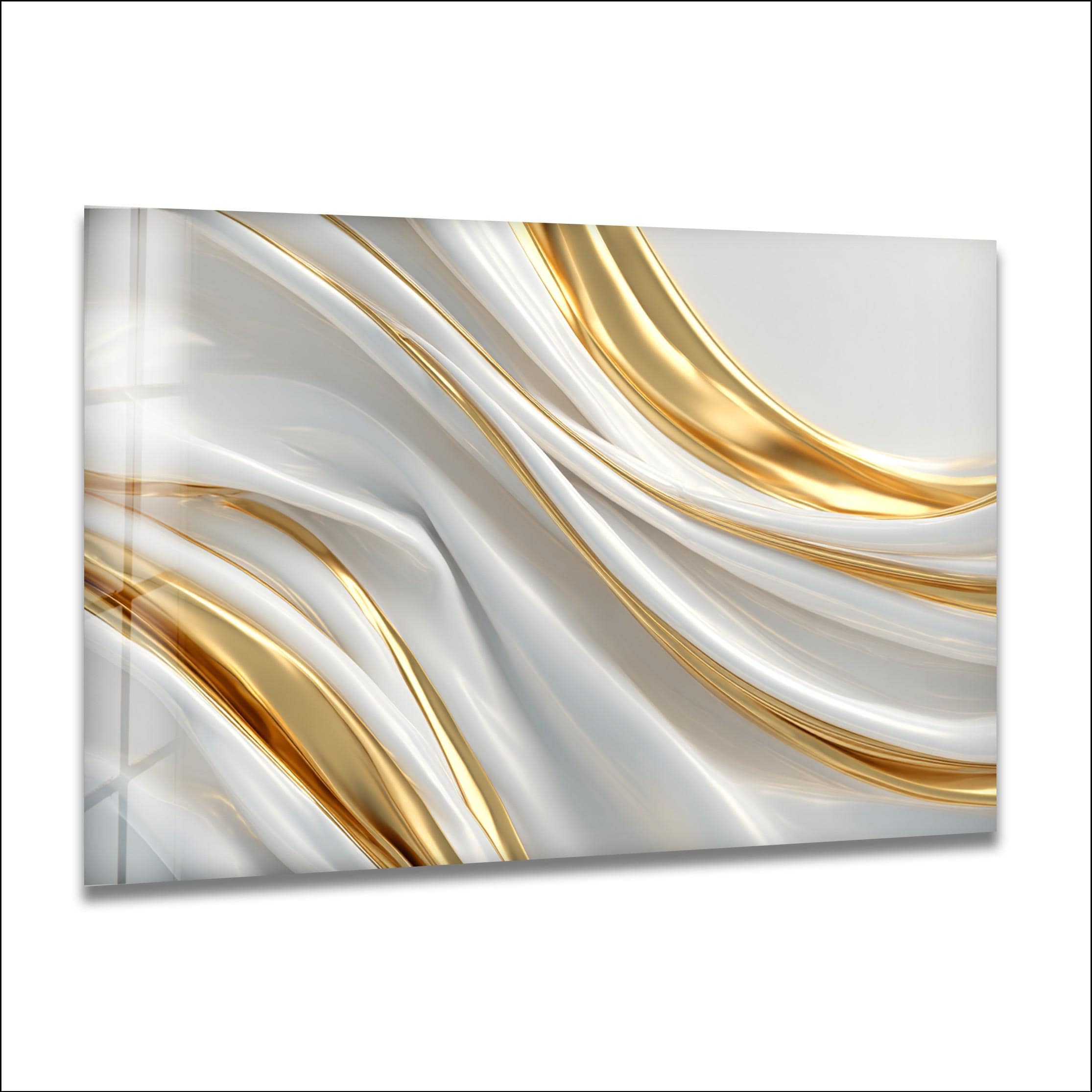 Art mural en verre design blanc et doré, motifs fluides modernes