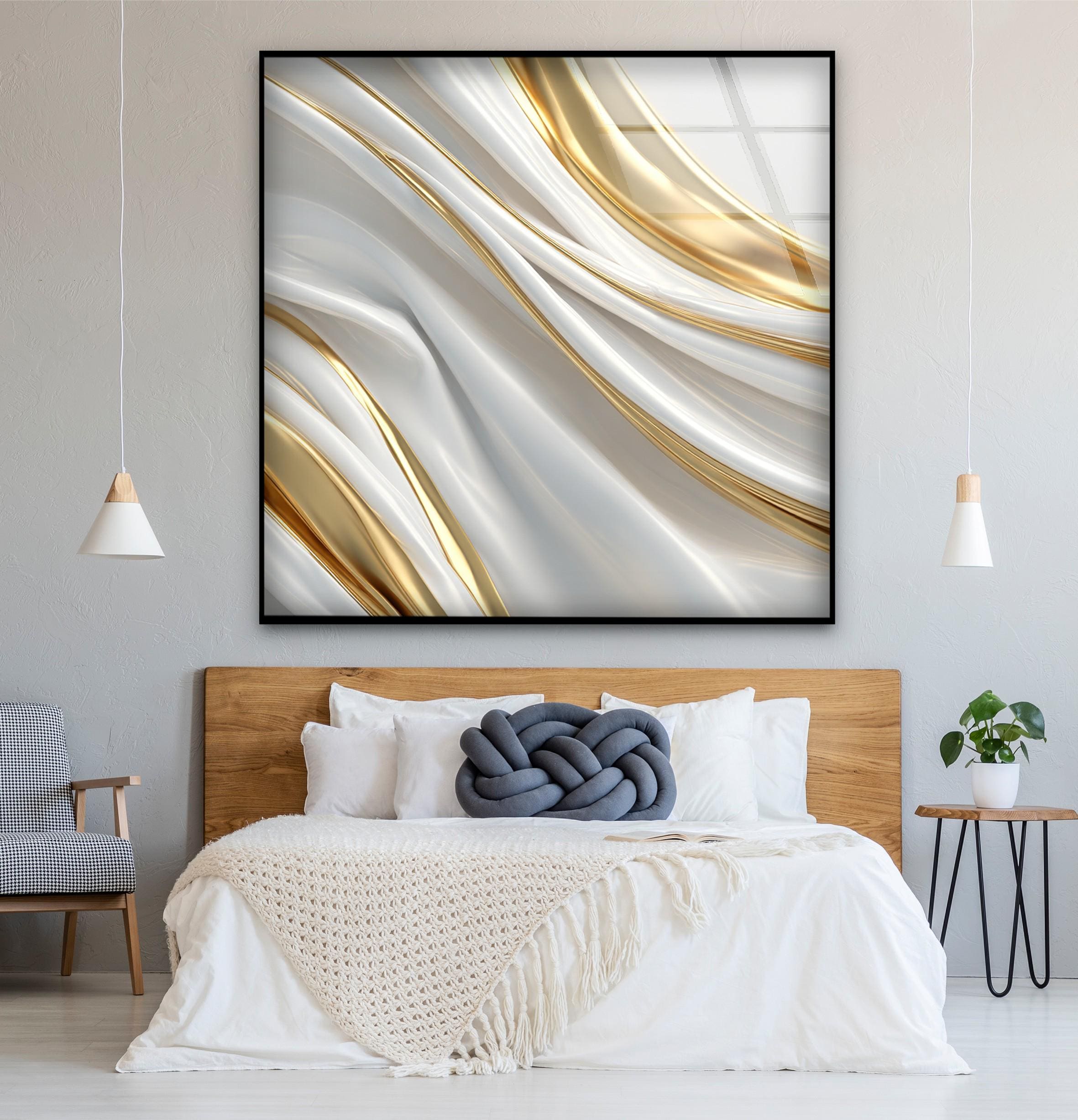 Art mural en verre design blanc et doré, motifs fluides modernes