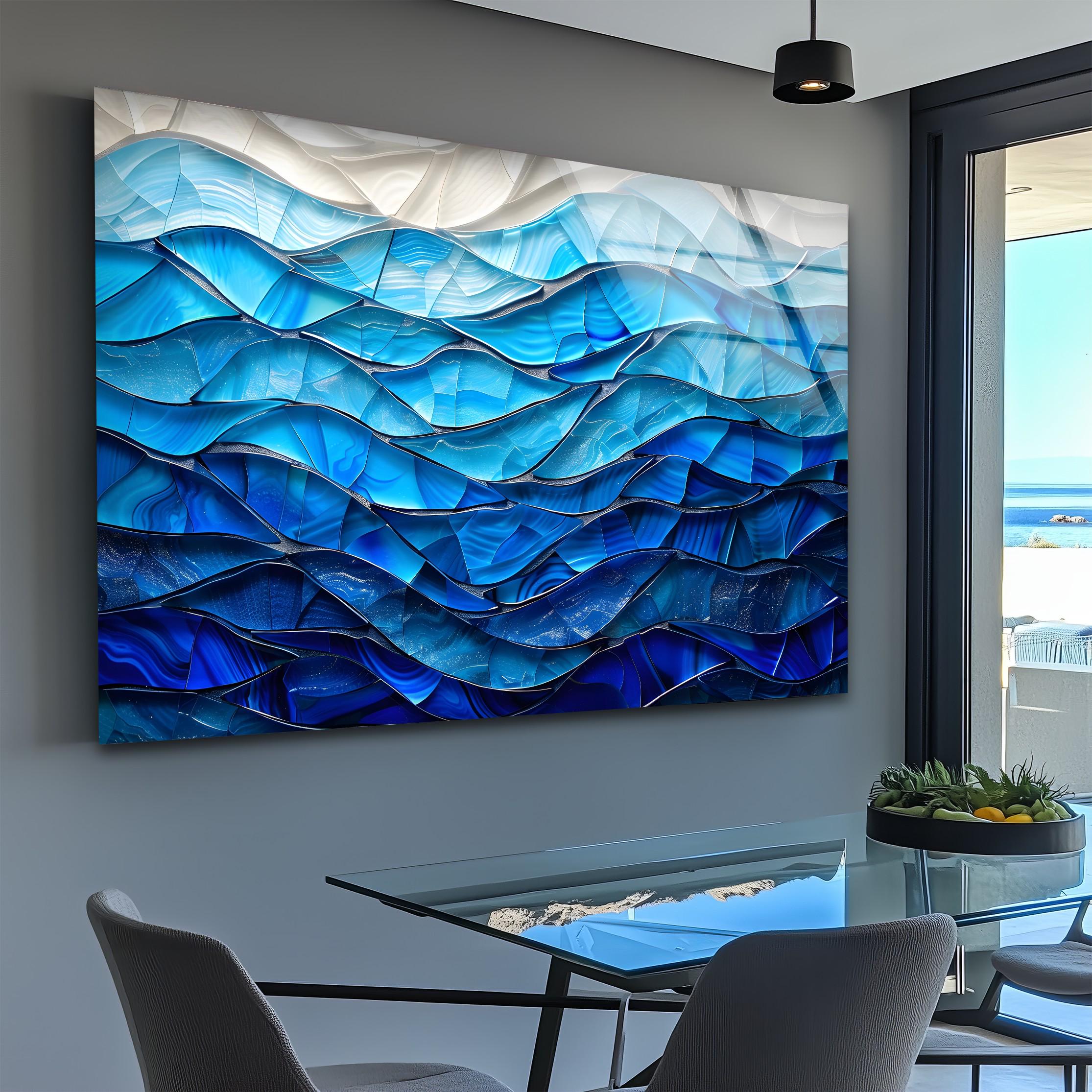 Art mural abstrait en verre bleu océan, impression sur verre vague moderne, décoration murale mer côtière