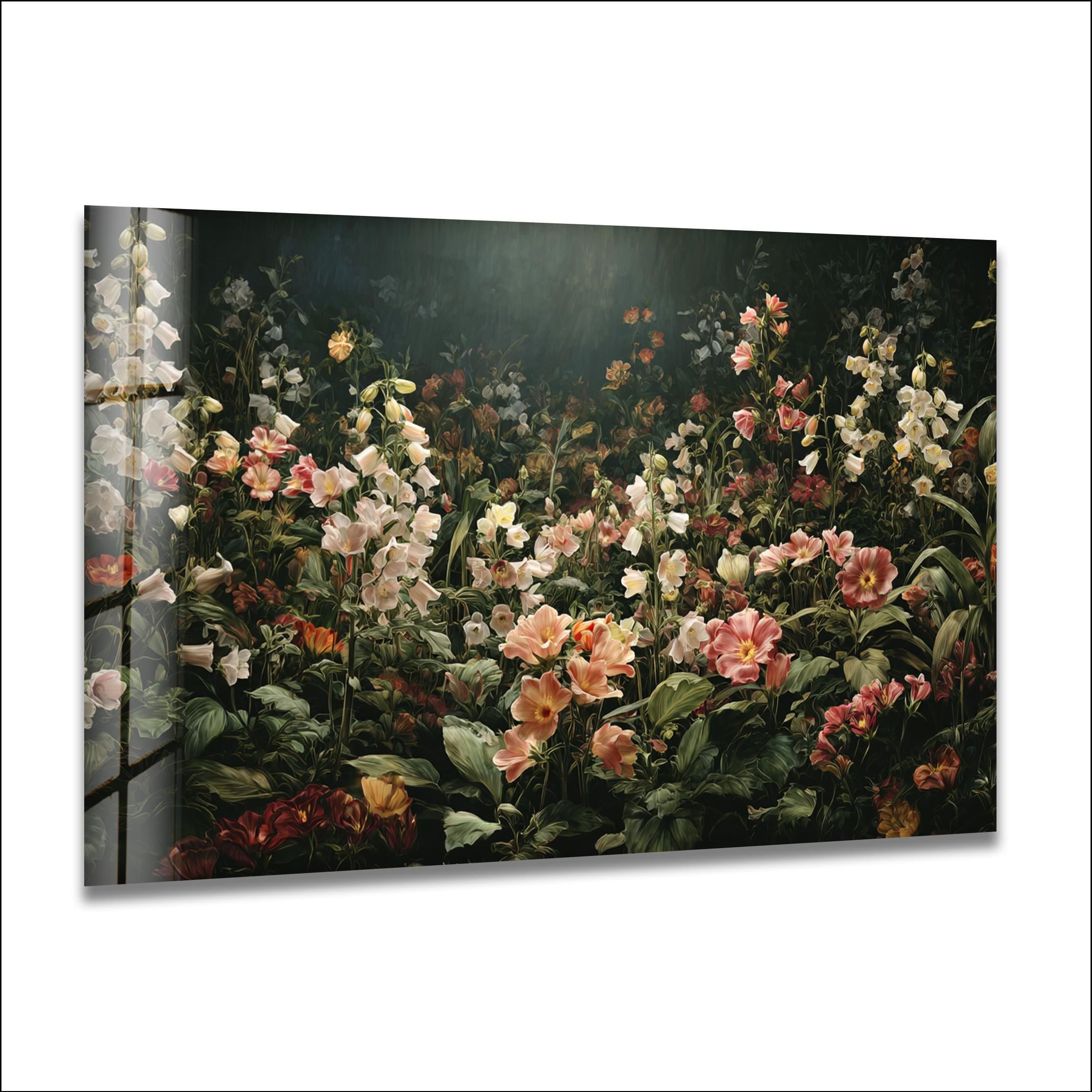 Art mural en verre de jardin floral de mauvaise humeur, décoration murale botanique sombre