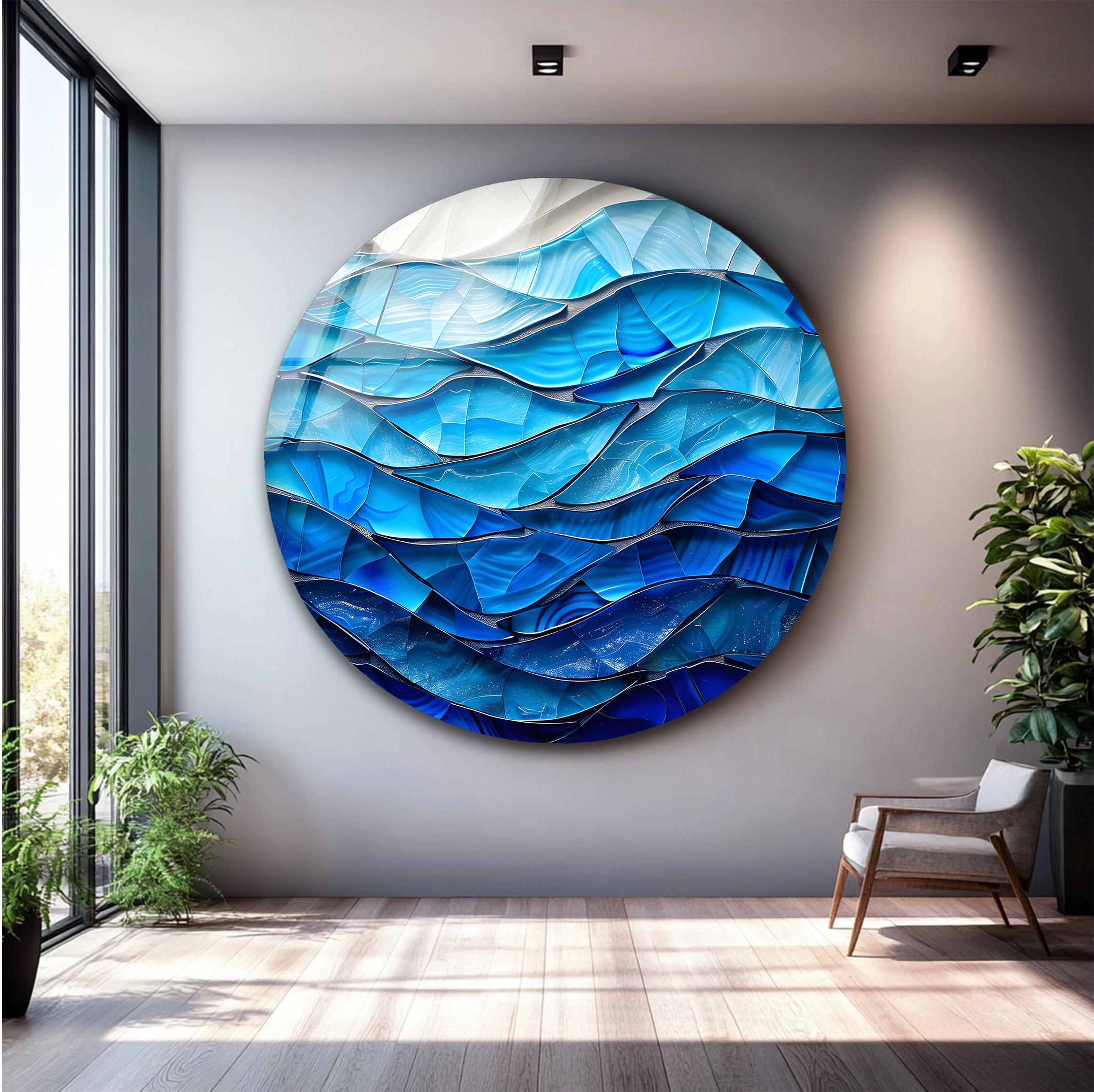 Art mural abstrait en verre bleu océan, impression sur verre vague moderne, décoration murale mer côtière