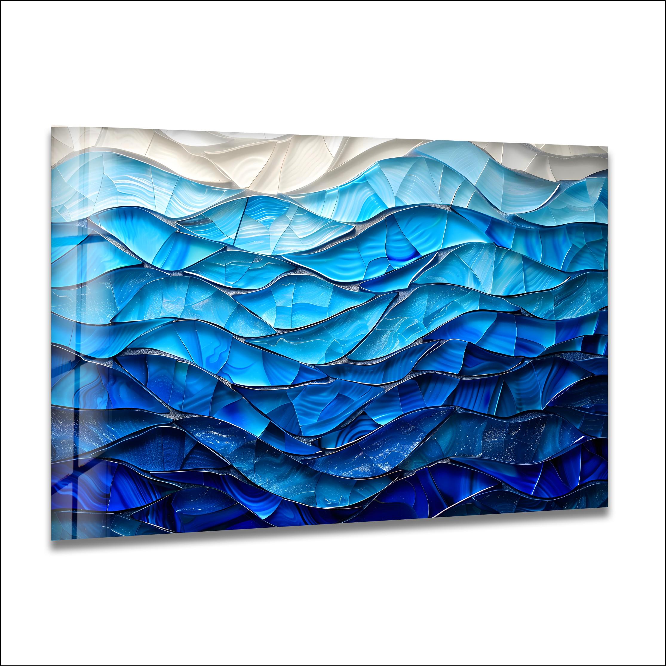 Art mural abstrait en verre bleu océan, impression sur verre vague moderne, décoration murale mer côtière