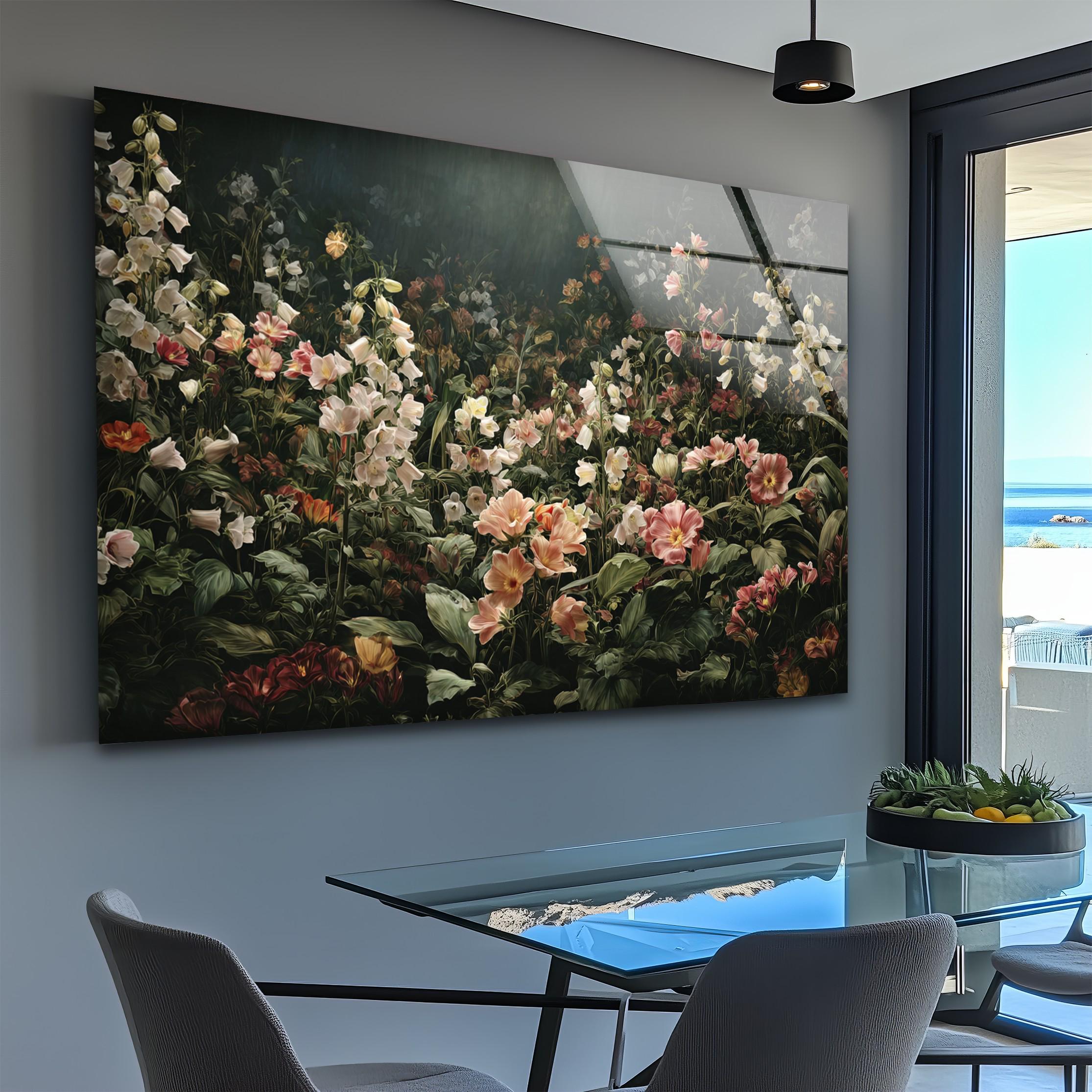 Art mural en verre de jardin floral de mauvaise humeur, décoration murale botanique sombre