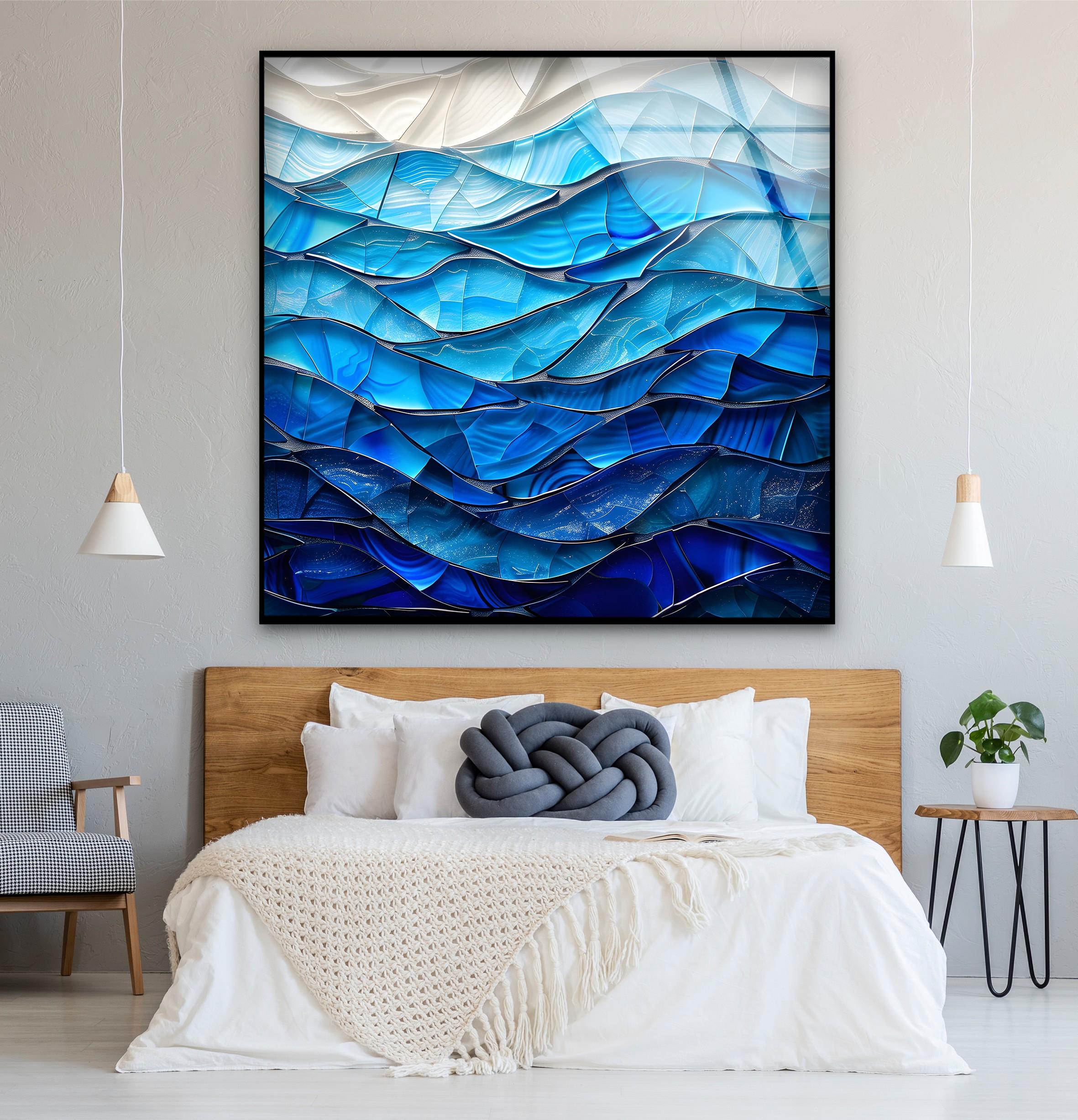Art mural abstrait en verre bleu océan, impression sur verre vague moderne, décoration murale mer côtière