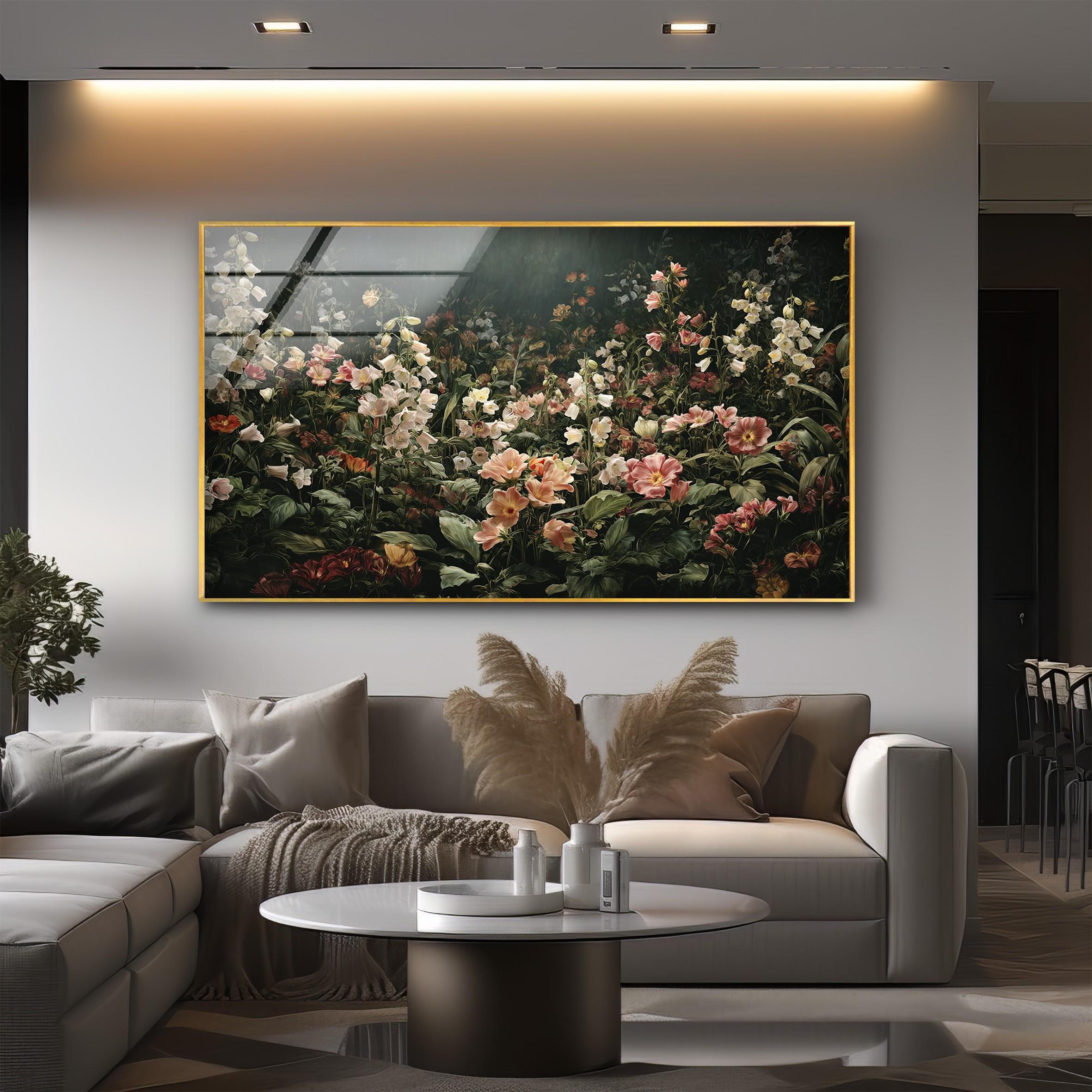 Art mural en verre de jardin floral de mauvaise humeur, décoration murale botanique sombre