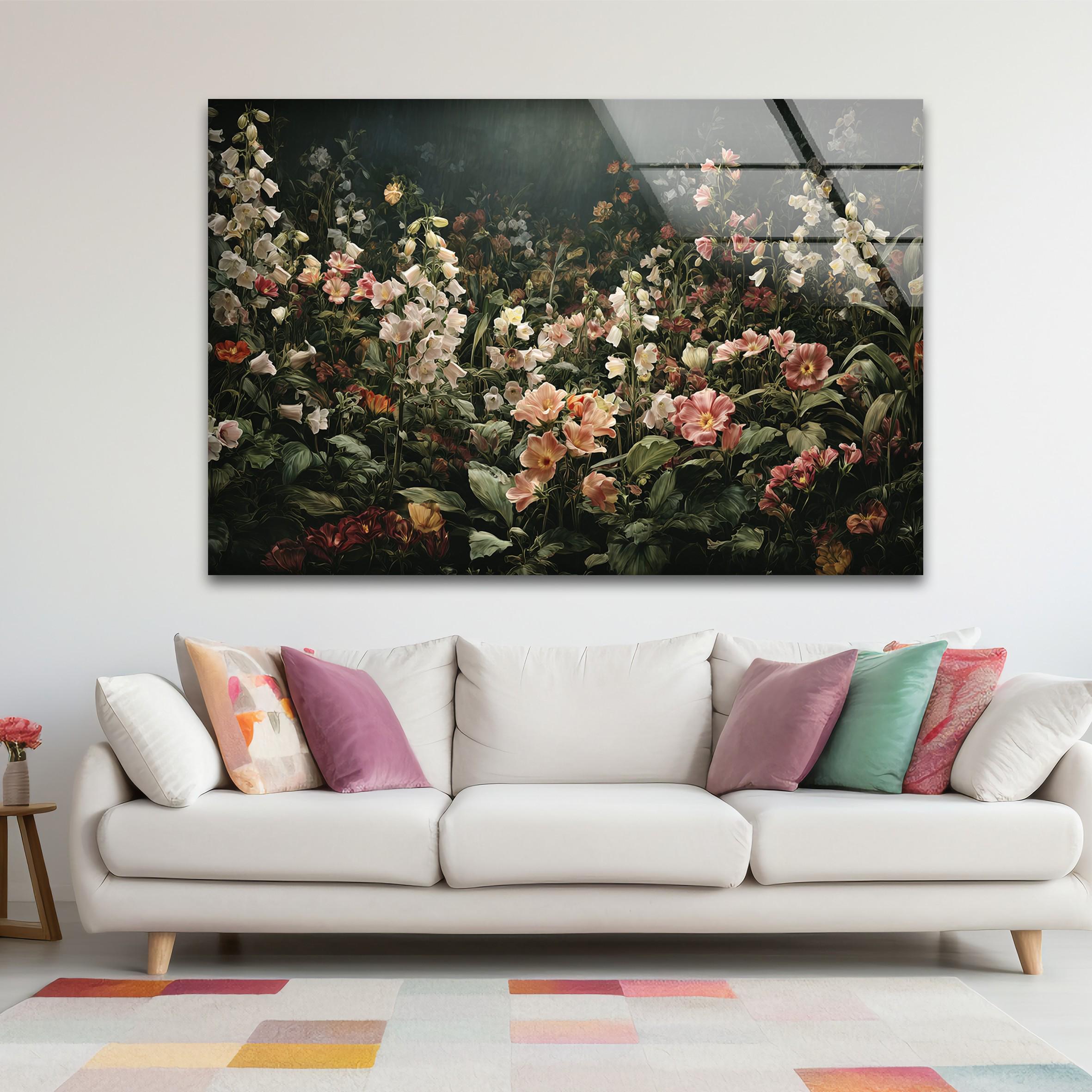 Art mural en verre de jardin floral de mauvaise humeur, décoration murale botanique sombre
