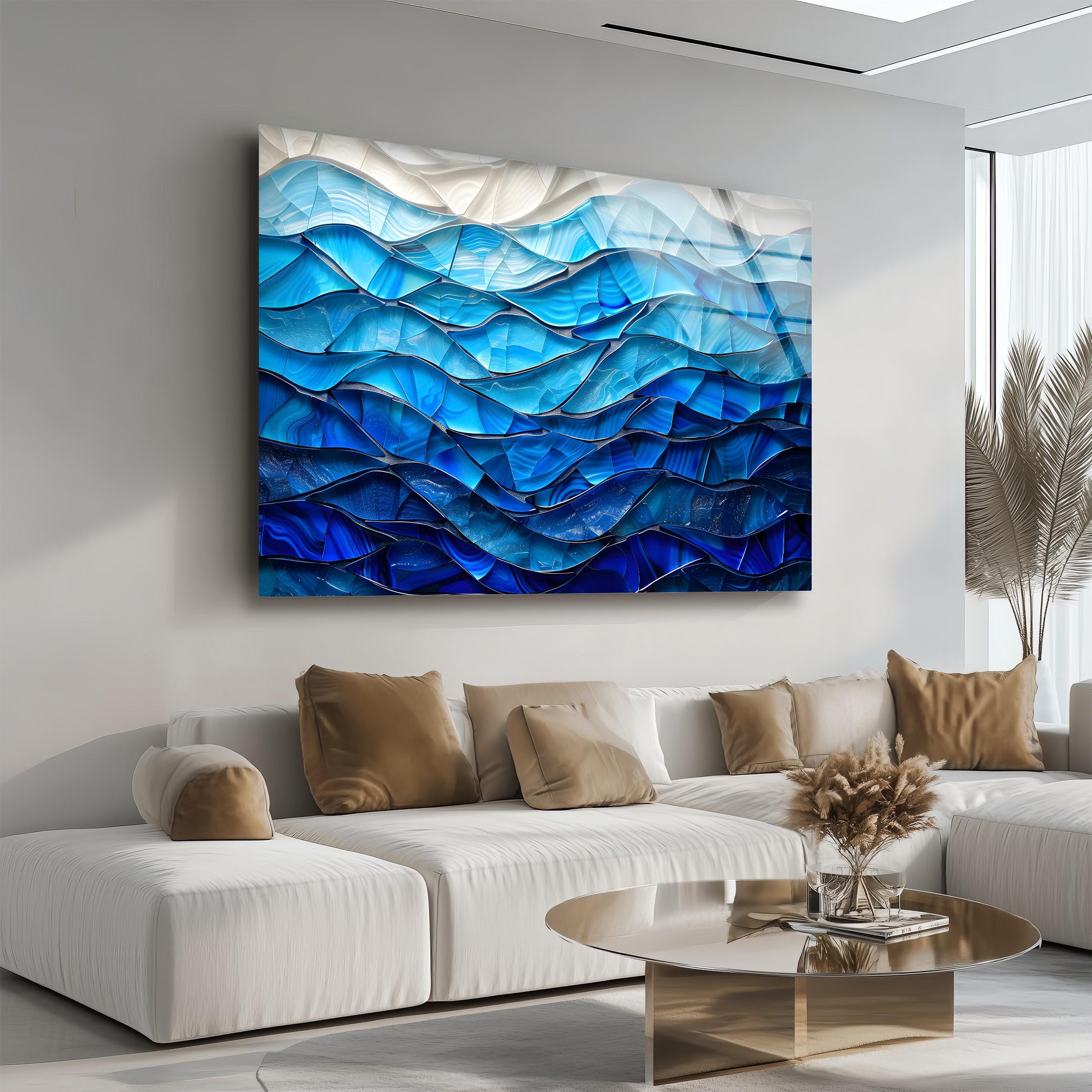 Art mural abstrait en verre bleu océan, impression sur verre vague moderne, décoration murale mer côtière