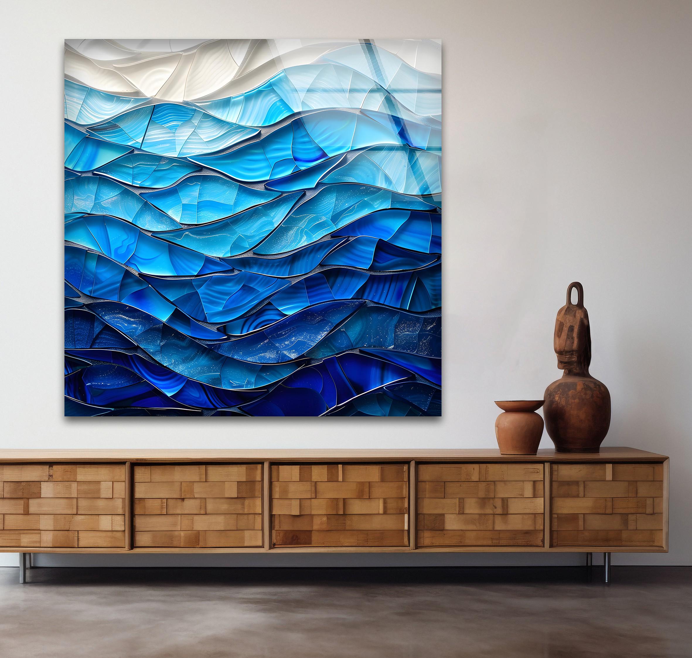 Art mural abstrait en verre bleu océan, impression sur verre vague moderne, décoration murale mer côtière