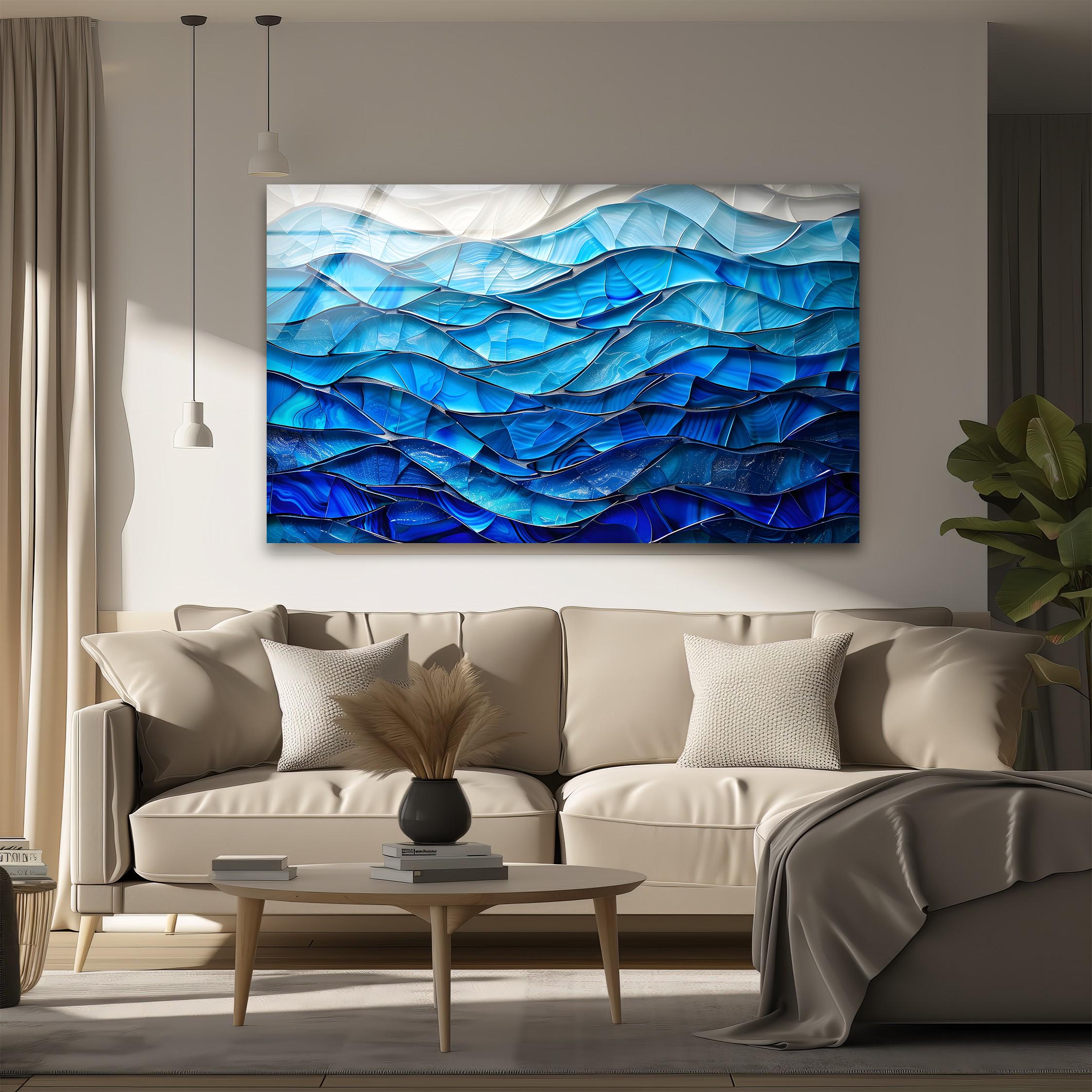 Art mural abstrait en verre bleu océan, impression sur verre vague moderne, décoration murale mer côtière