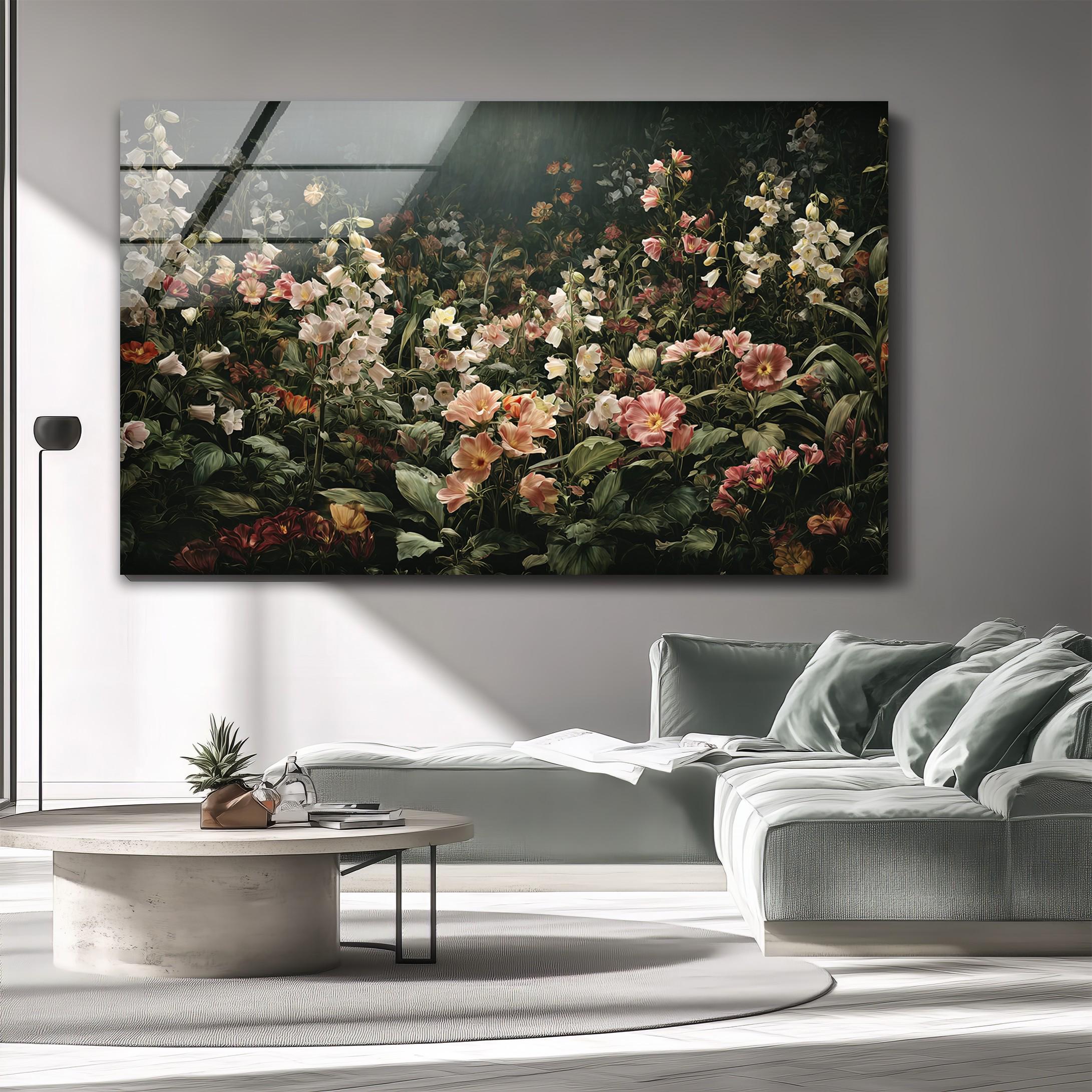 Art mural en verre de jardin floral de mauvaise humeur, décoration murale botanique sombre