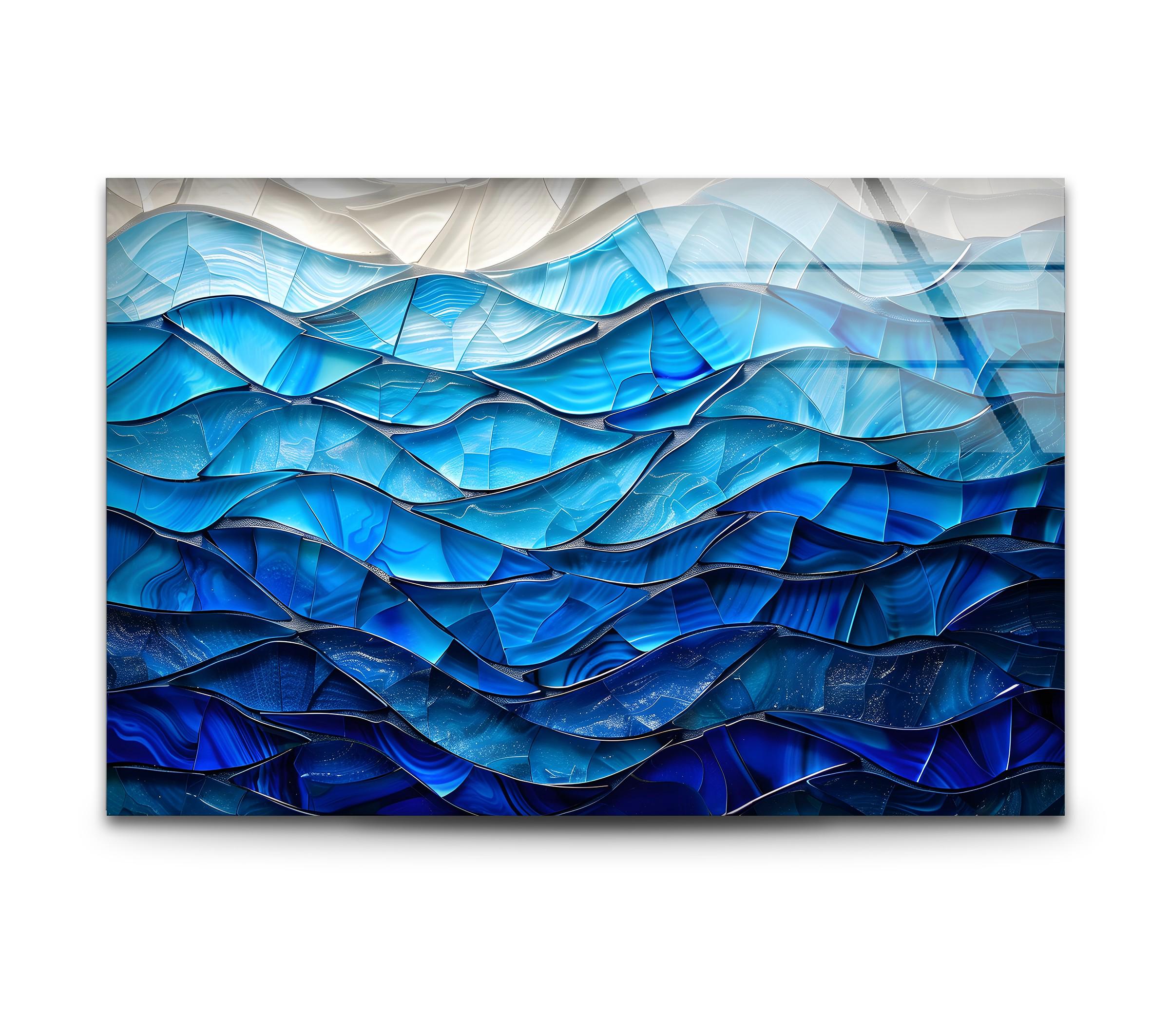Art mural abstrait en verre bleu océan, impression sur verre vague moderne, décoration murale mer côtière