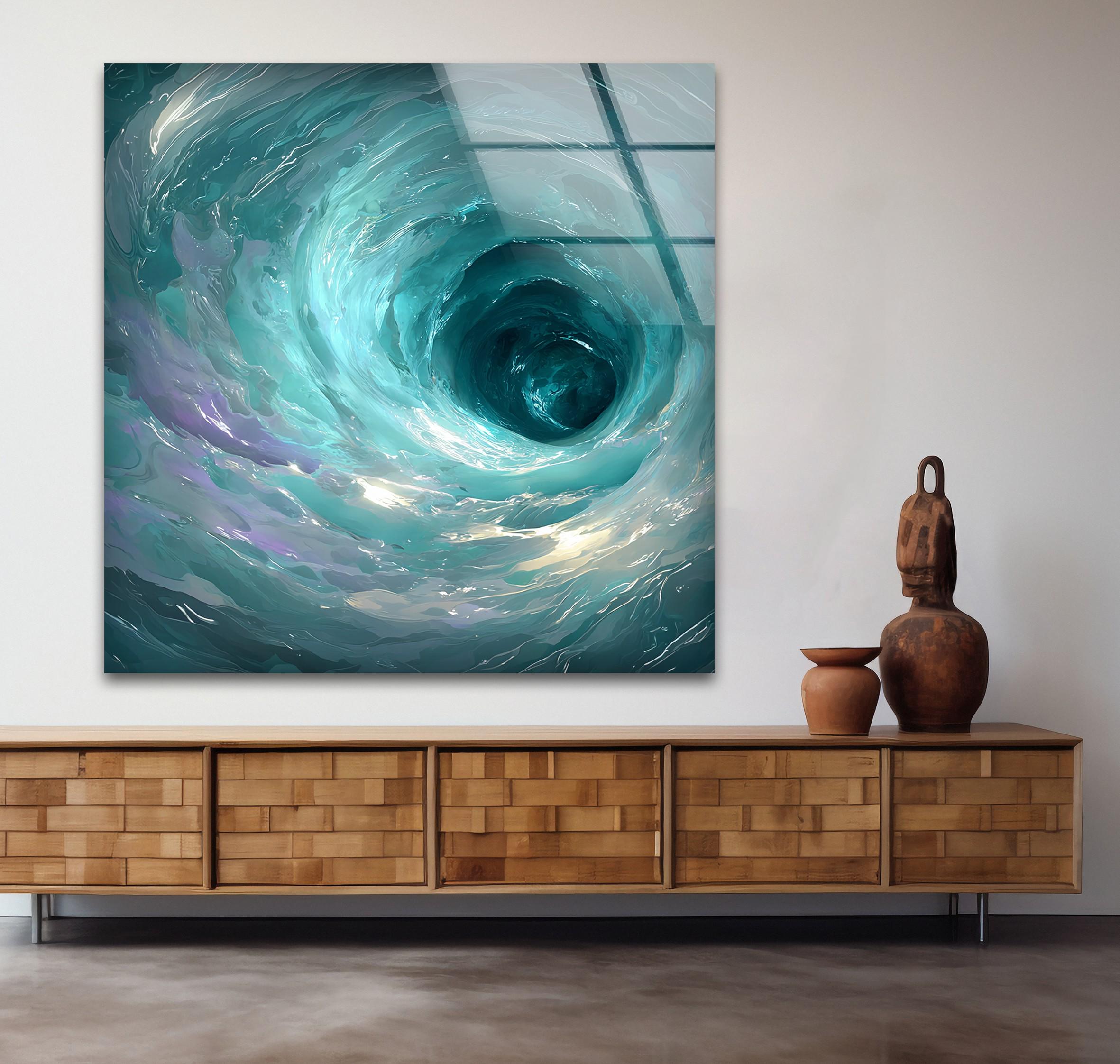 Impression sur verre tourbillon turquoise, décoration murale côtière moderne