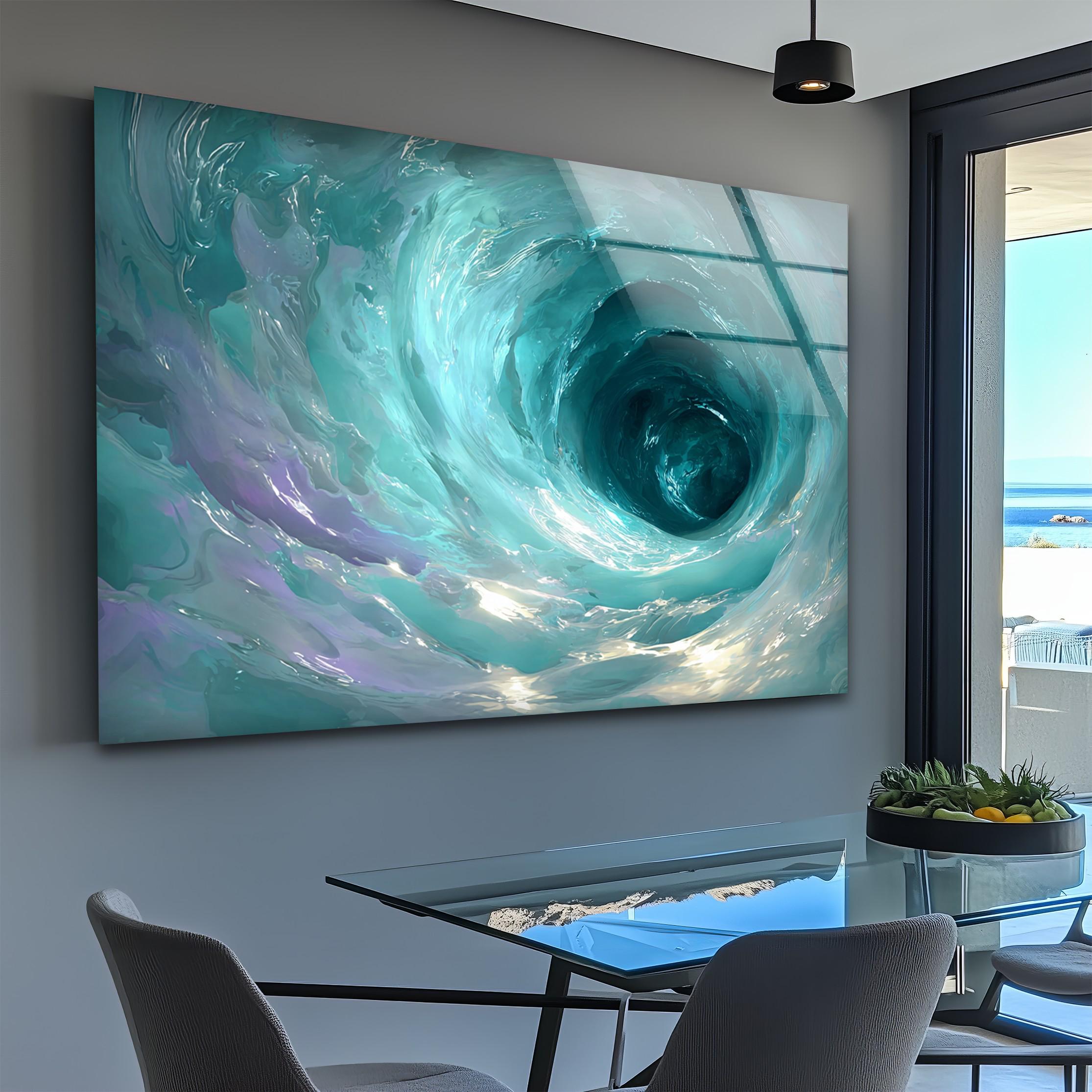 Impression sur verre tourbillon turquoise, décoration murale côtière moderne