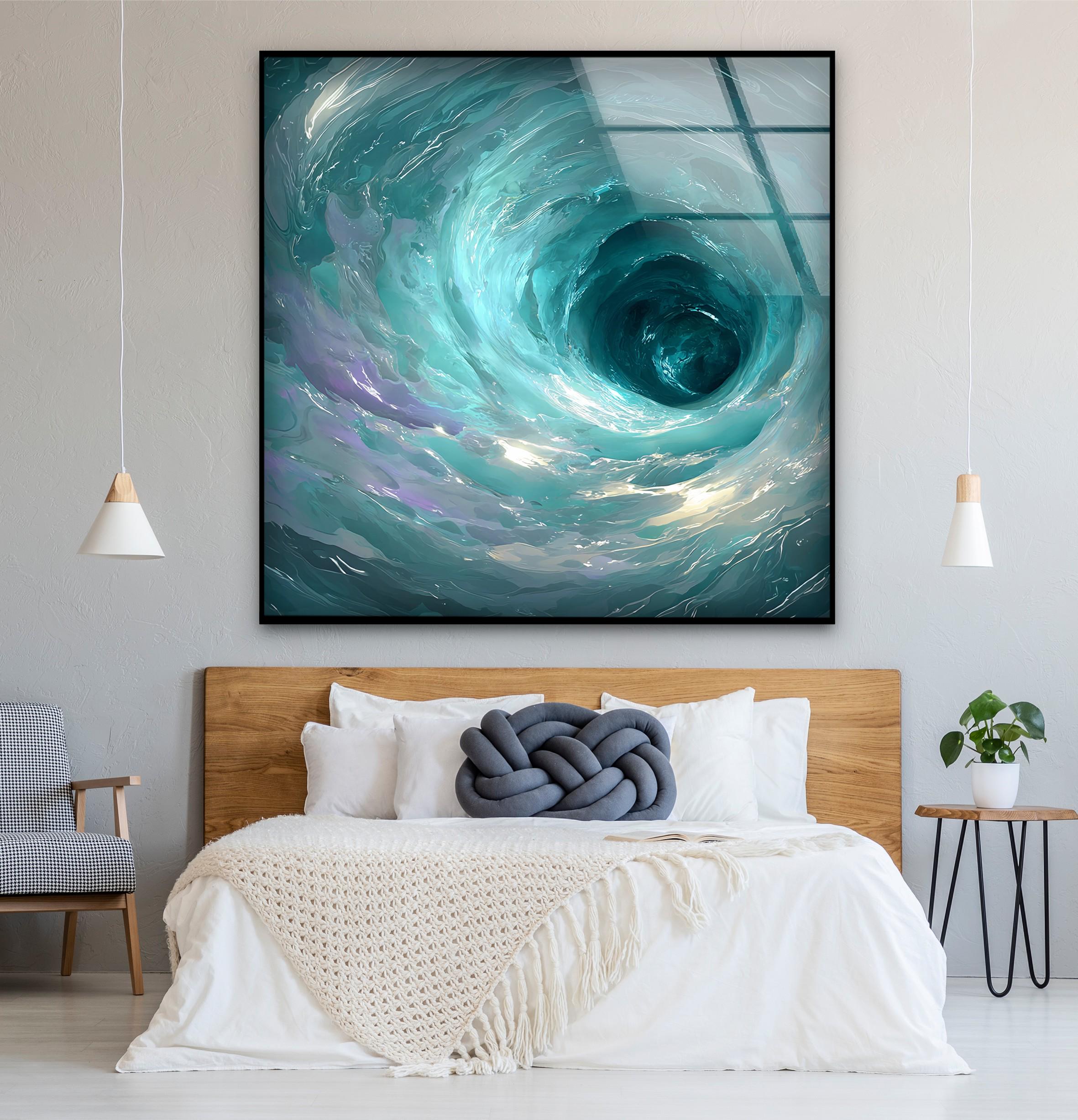 Impression sur verre tourbillon turquoise, décoration murale côtière moderne