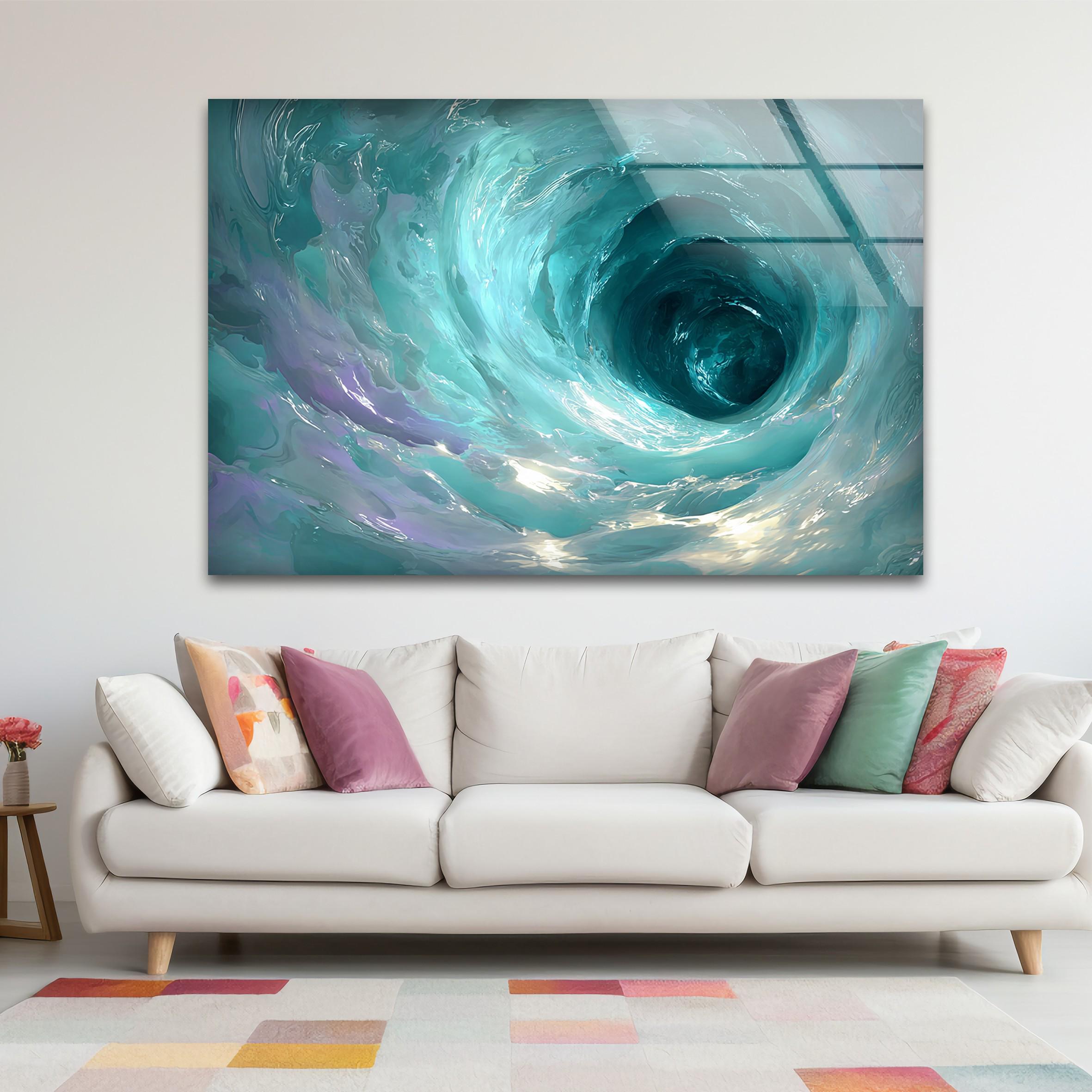 Impression sur verre tourbillon turquoise, décoration murale côtière moderne