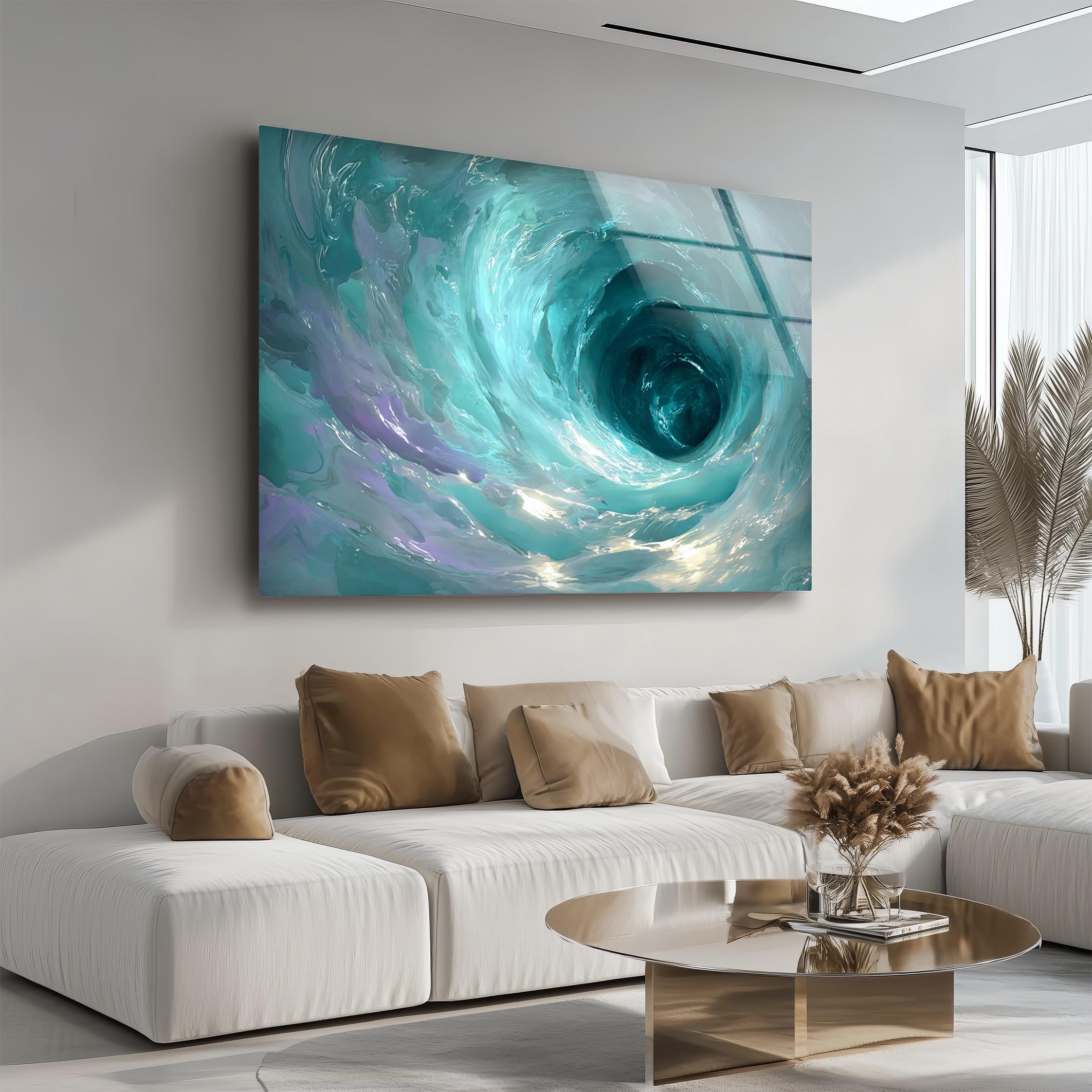Impression sur verre tourbillon turquoise, décoration murale côtière moderne