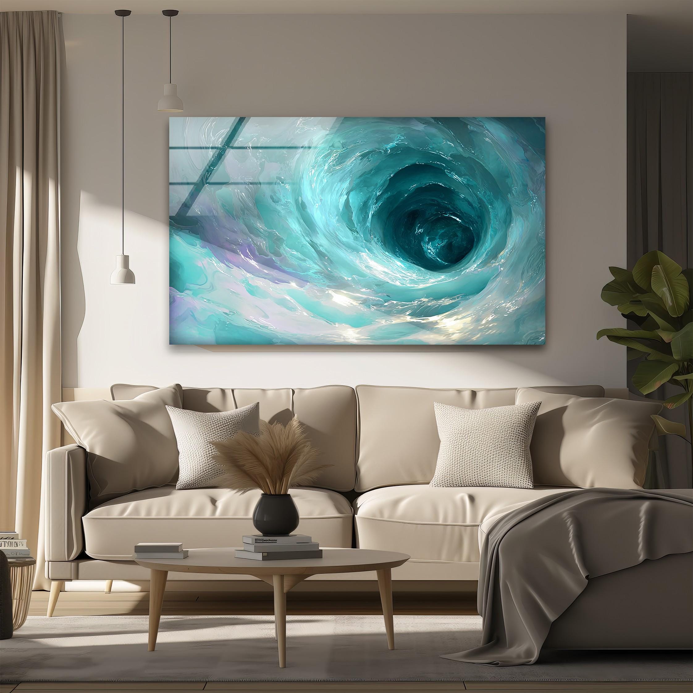 Impression sur verre tourbillon turquoise, décoration murale côtière moderne