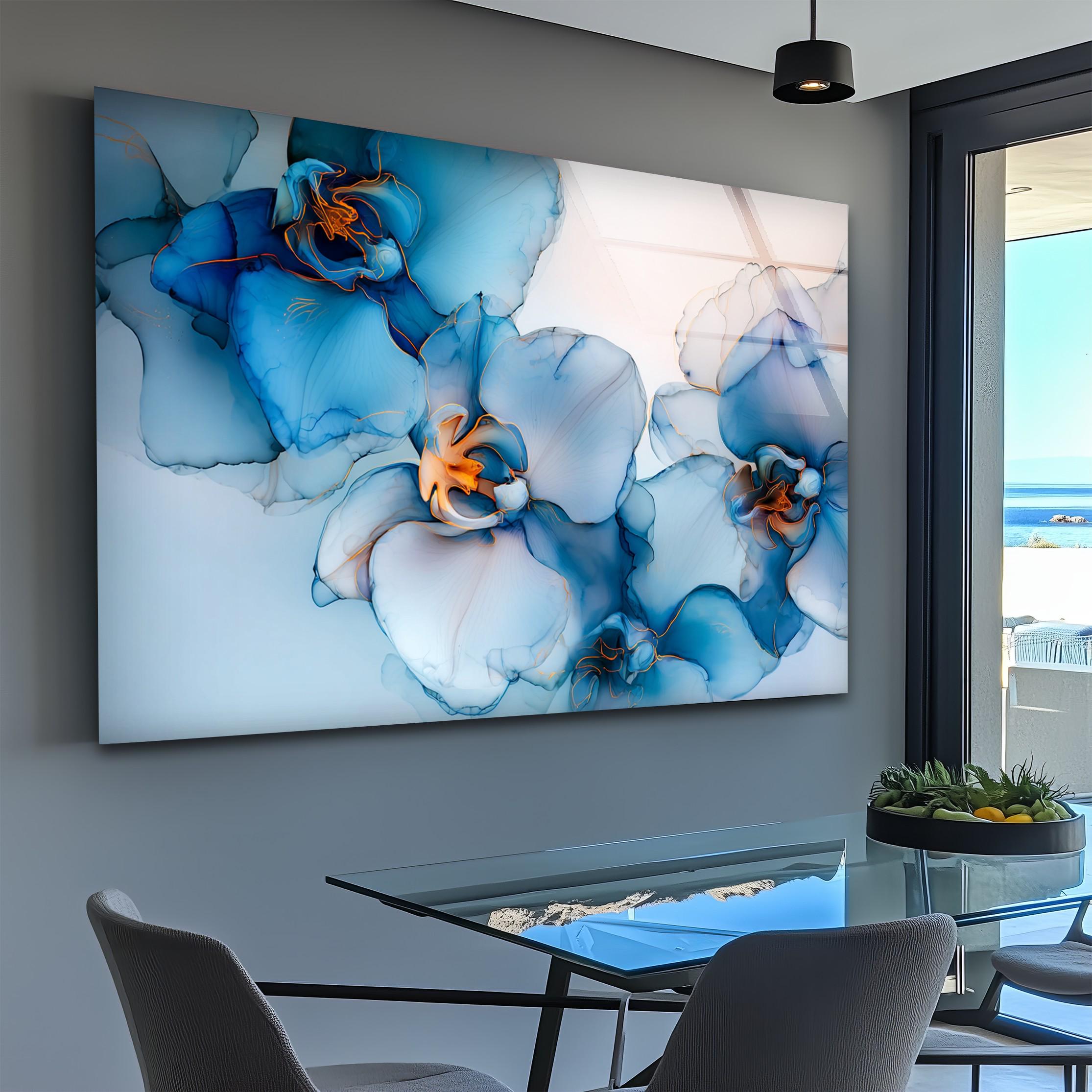Art mural en verre fleur d'orchidée bleue, décoration florale élégante en verr