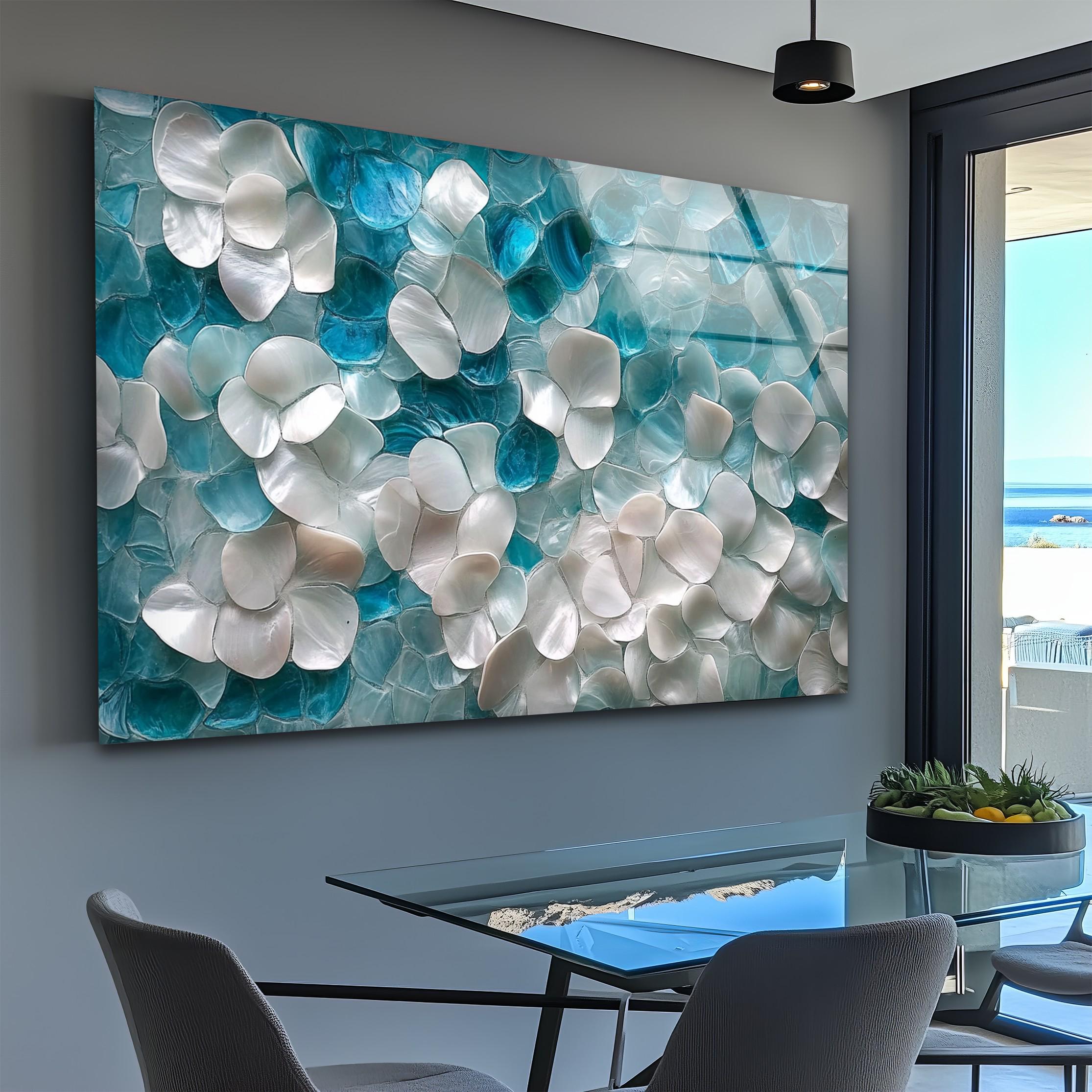 Œuvre murale en verre motif floral côtier, inspiration paysage marin, décoration murale botanique douce
