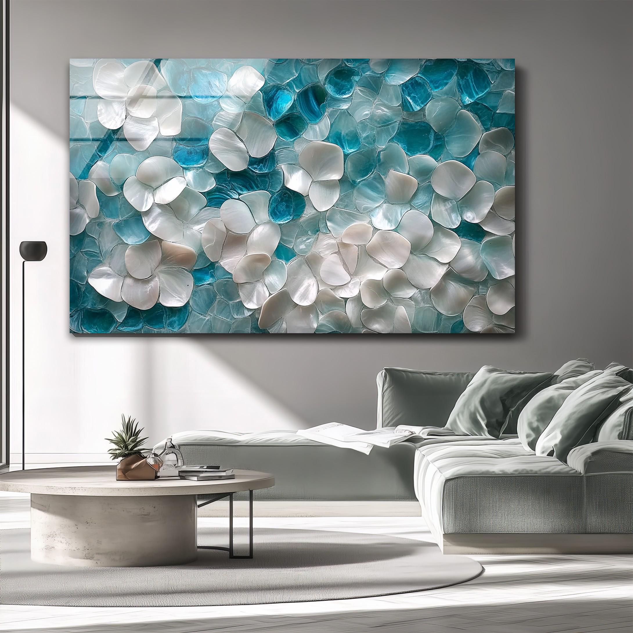 Œuvre murale en verre motif floral côtier, inspiration paysage marin, décoration murale botanique douce