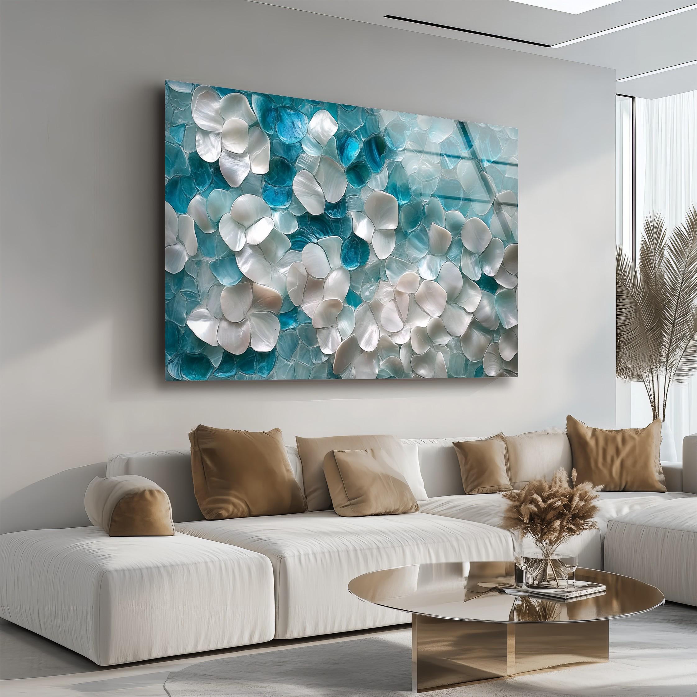 Œuvre murale en verre motif floral côtier, inspiration paysage marin, décoration murale botanique douce