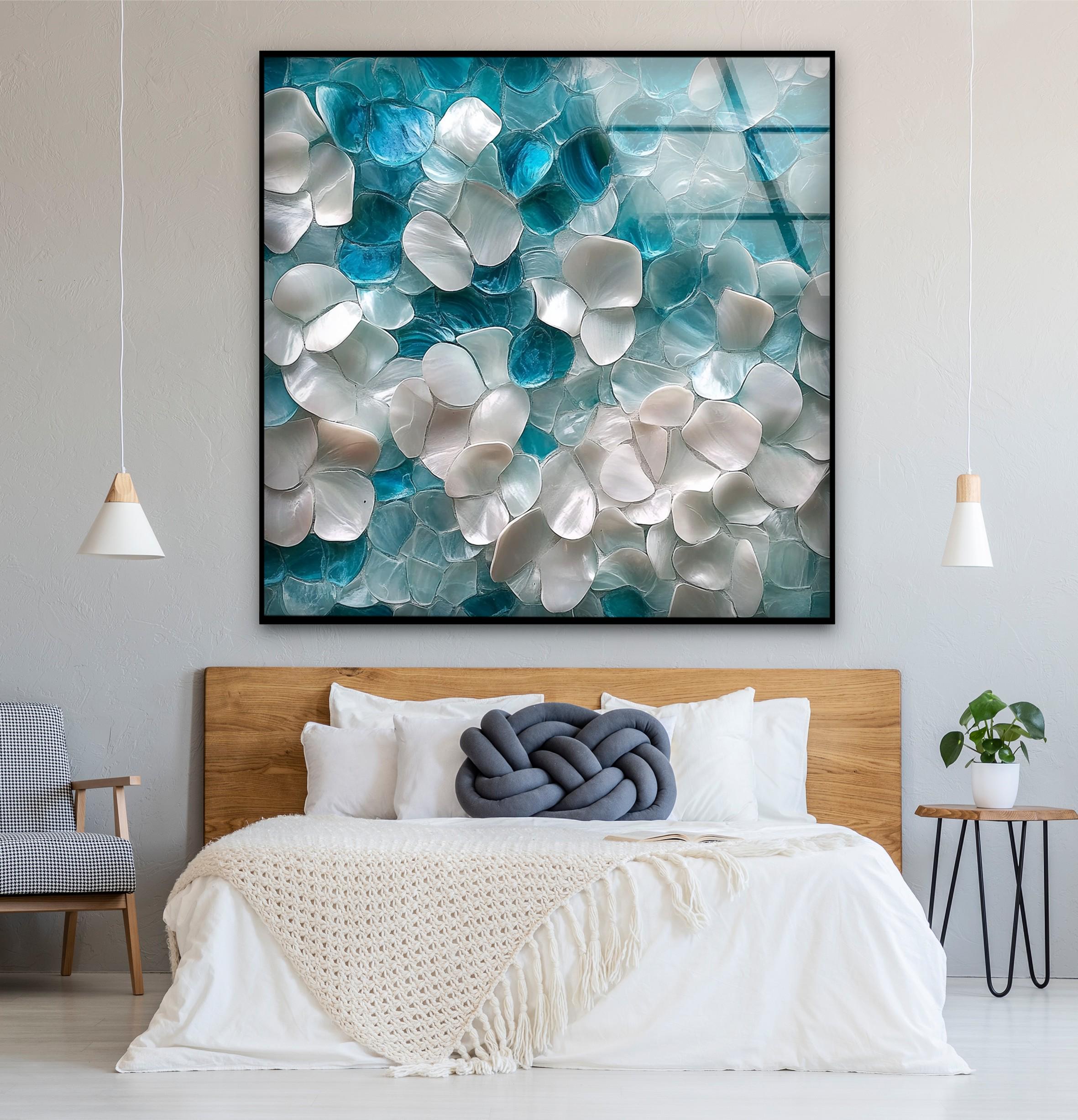 Œuvre murale en verre motif floral côtier, inspiration paysage marin, décoration murale botanique douce