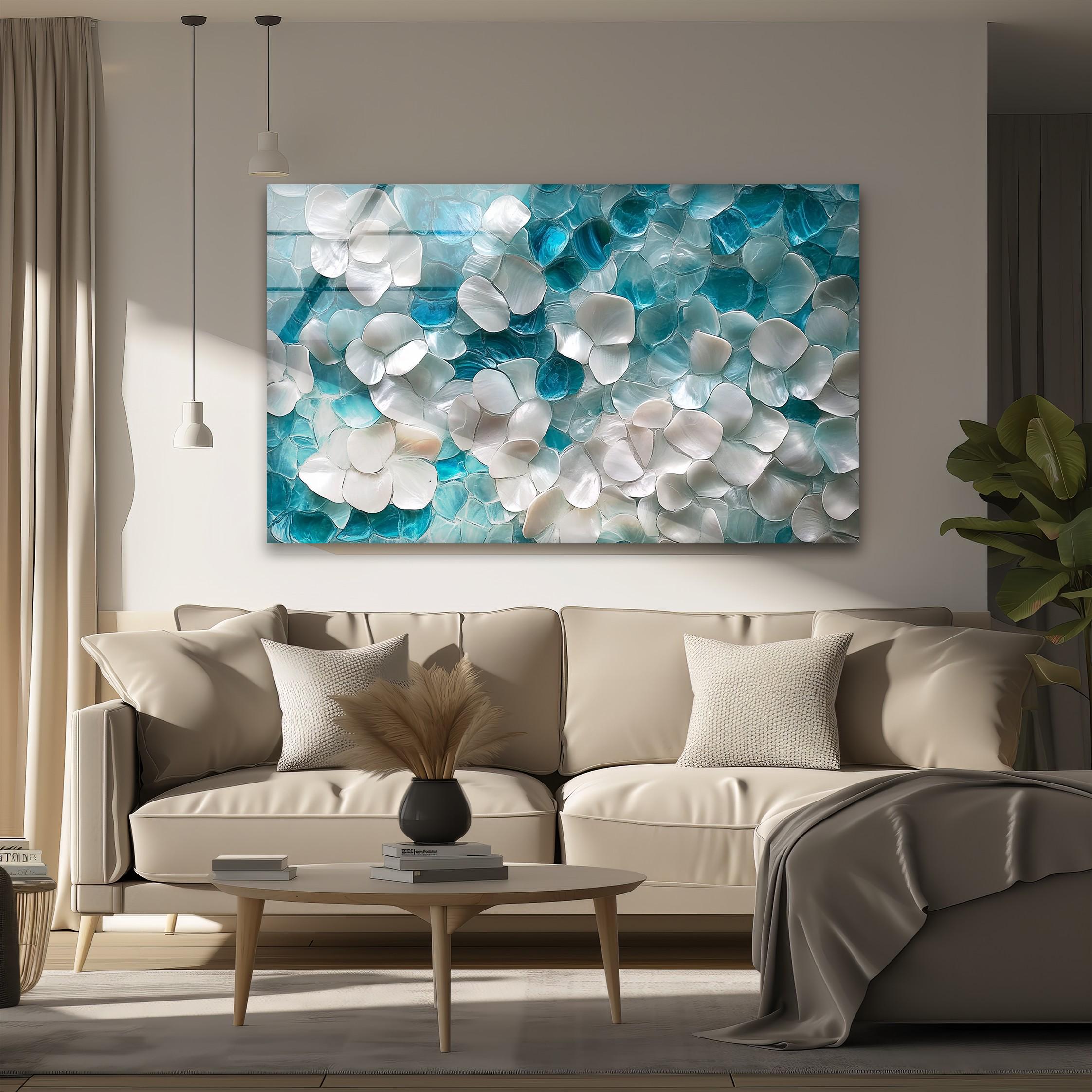 Œuvre murale en verre motif floral côtier, inspiration paysage marin, décoration murale botanique douce