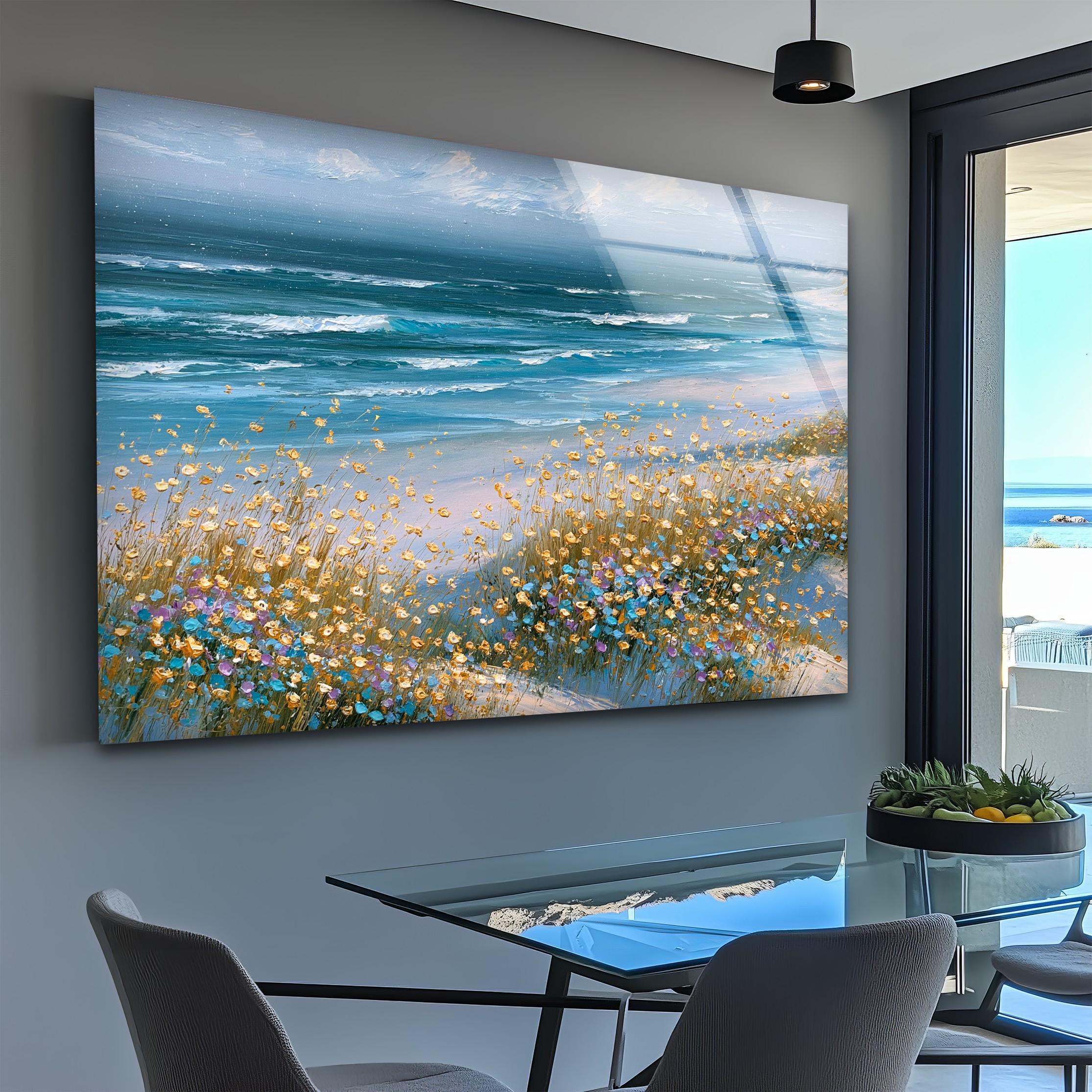 Art mural en verre de rivage de fleurs sauvages côtières, décoration florale en verre de l'océan