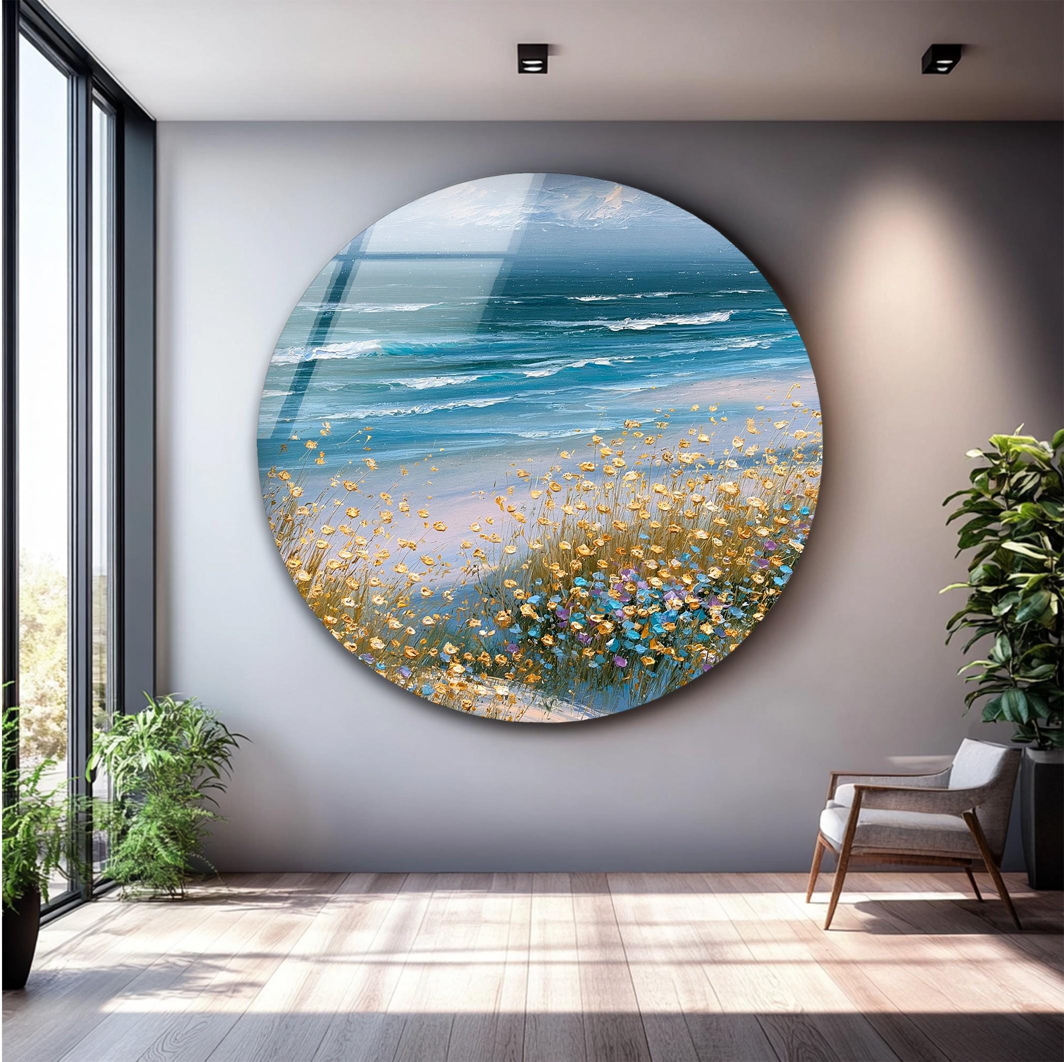 Art mural en verre de rivage de fleurs sauvages côtières, décoration florale en verre de l'océan
