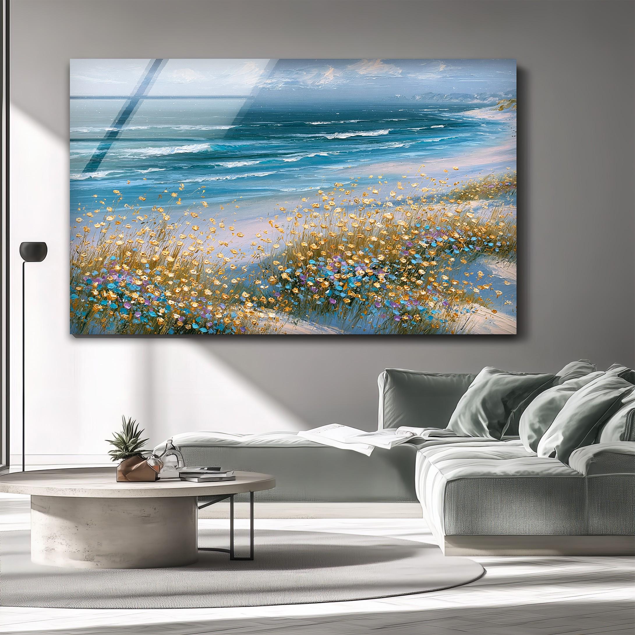 Art mural en verre de rivage de fleurs sauvages côtières, décoration florale en verre de l'océan