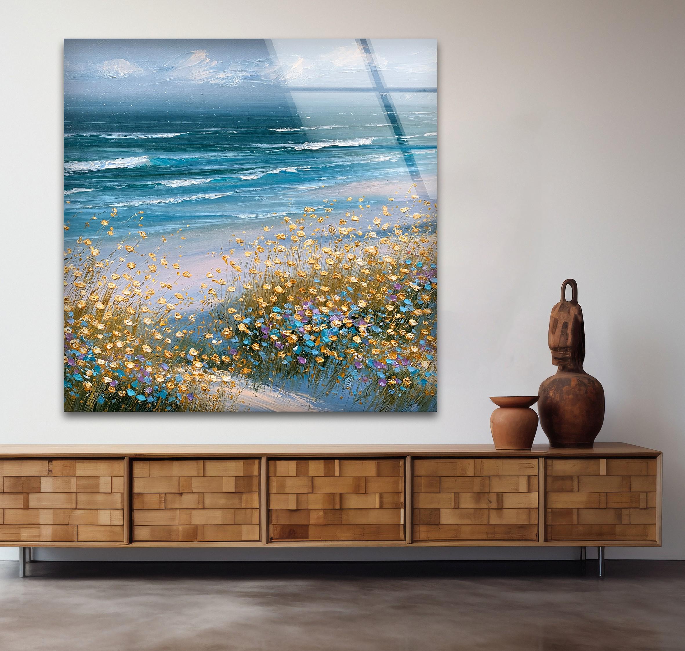 Art mural en verre de rivage de fleurs sauvages côtières, décoration florale en verre de l'océan