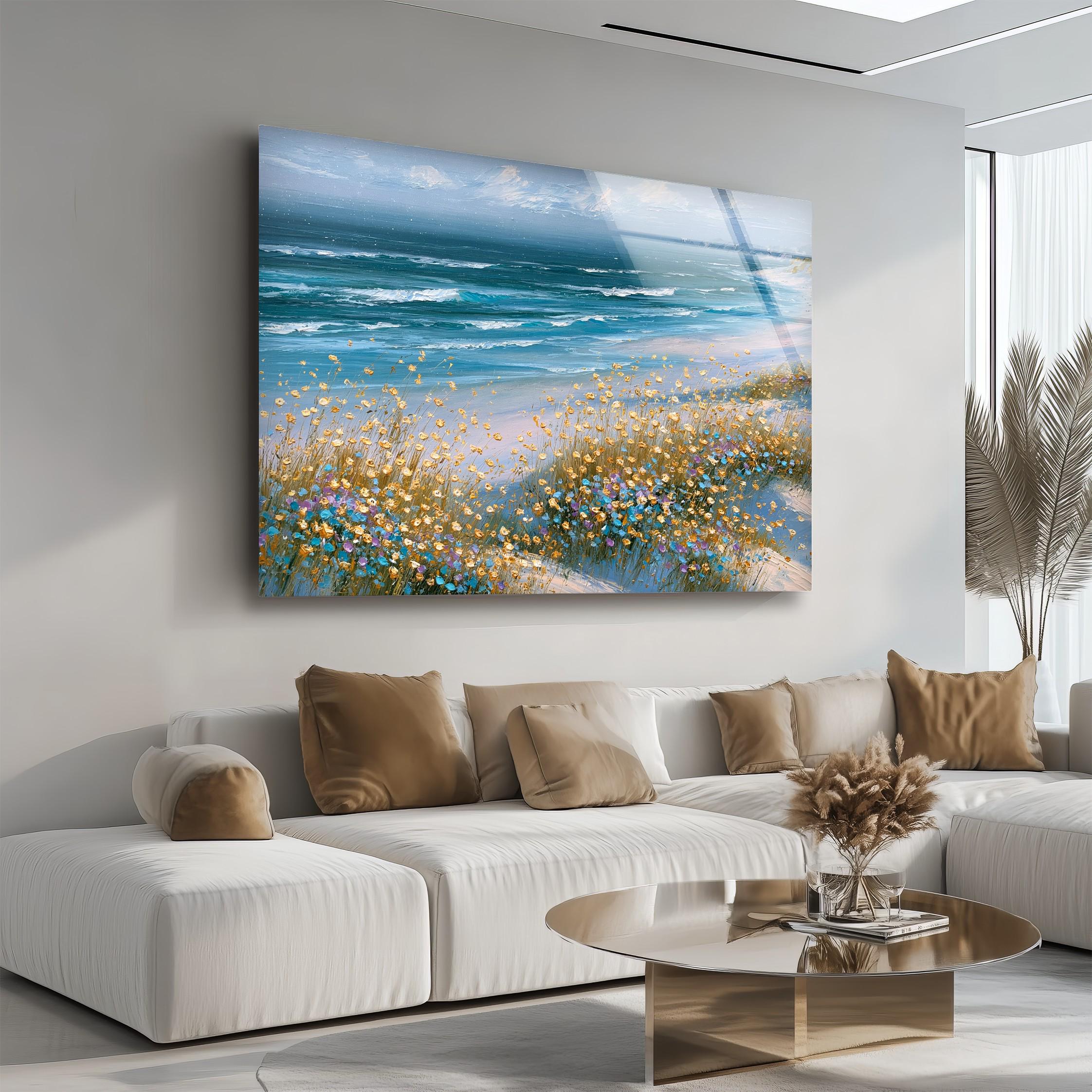 Art mural en verre de rivage de fleurs sauvages côtières, décoration florale en verre de l'océan