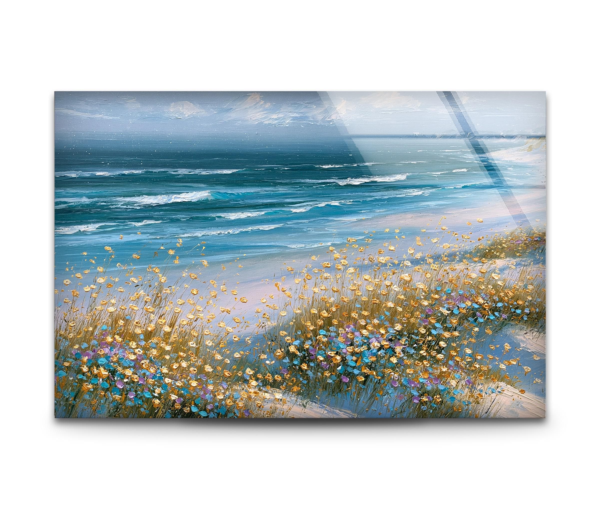 Art mural en verre de rivage de fleurs sauvages côtières, décoration florale en verre de l'océan