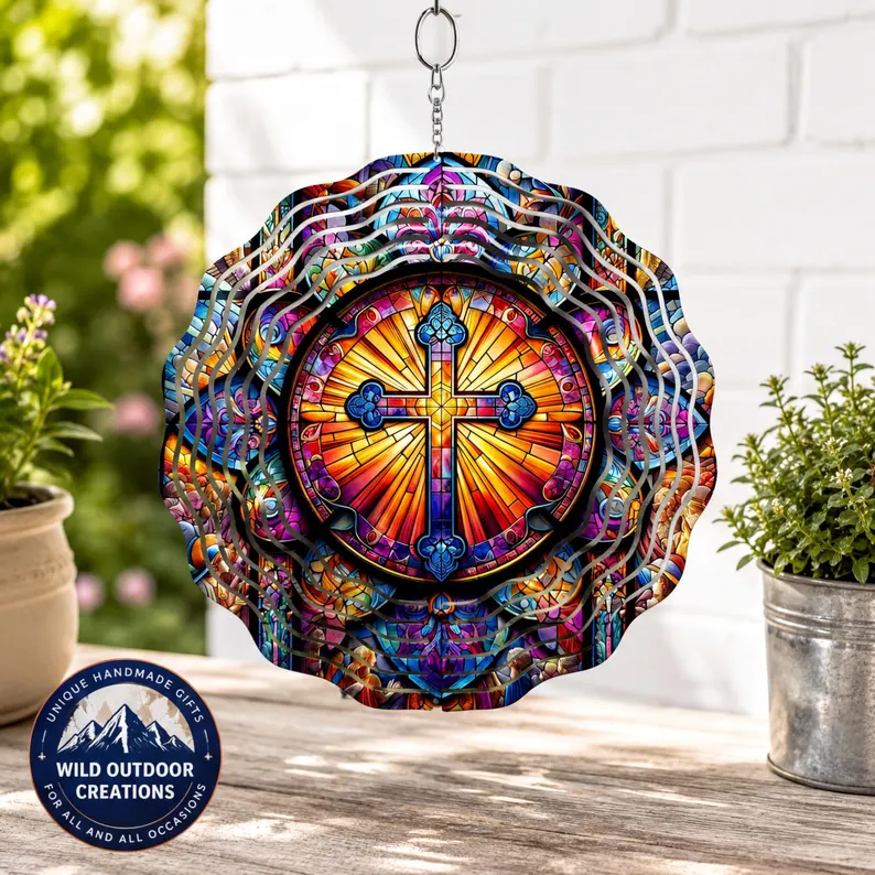 🌀3D Colorful Memorial Wind Spinner – Cross Gift - Religious Yard Decor