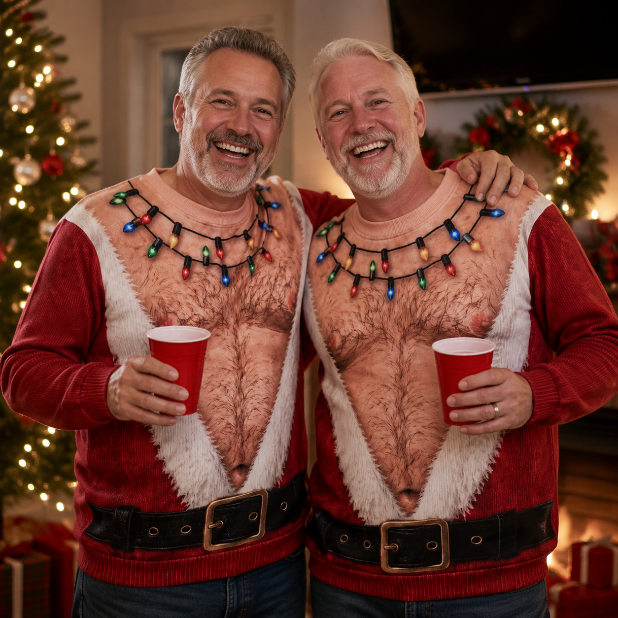 🎅🔥2026 Funny Christmas Sweater for Men – Santa’s Hairy Chest Ugly Xmas Pullover, Novelty Holiday Party Sweatshirt