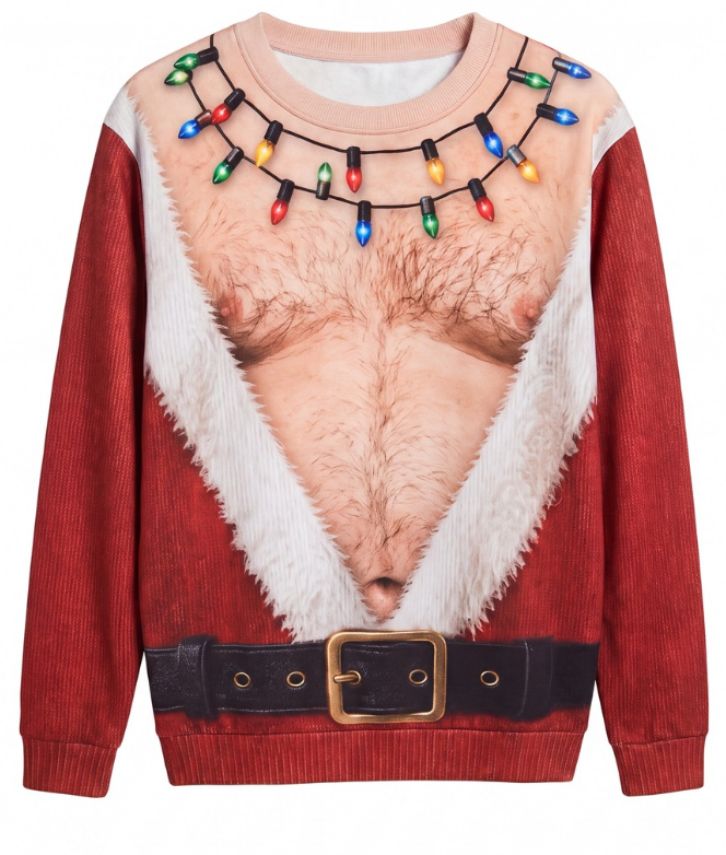 🎅🔥2026 Funny Christmas Sweater for Men – Santa’s Hairy Chest Ugly Xmas Pullover, Novelty Holiday Party Sweatshirt